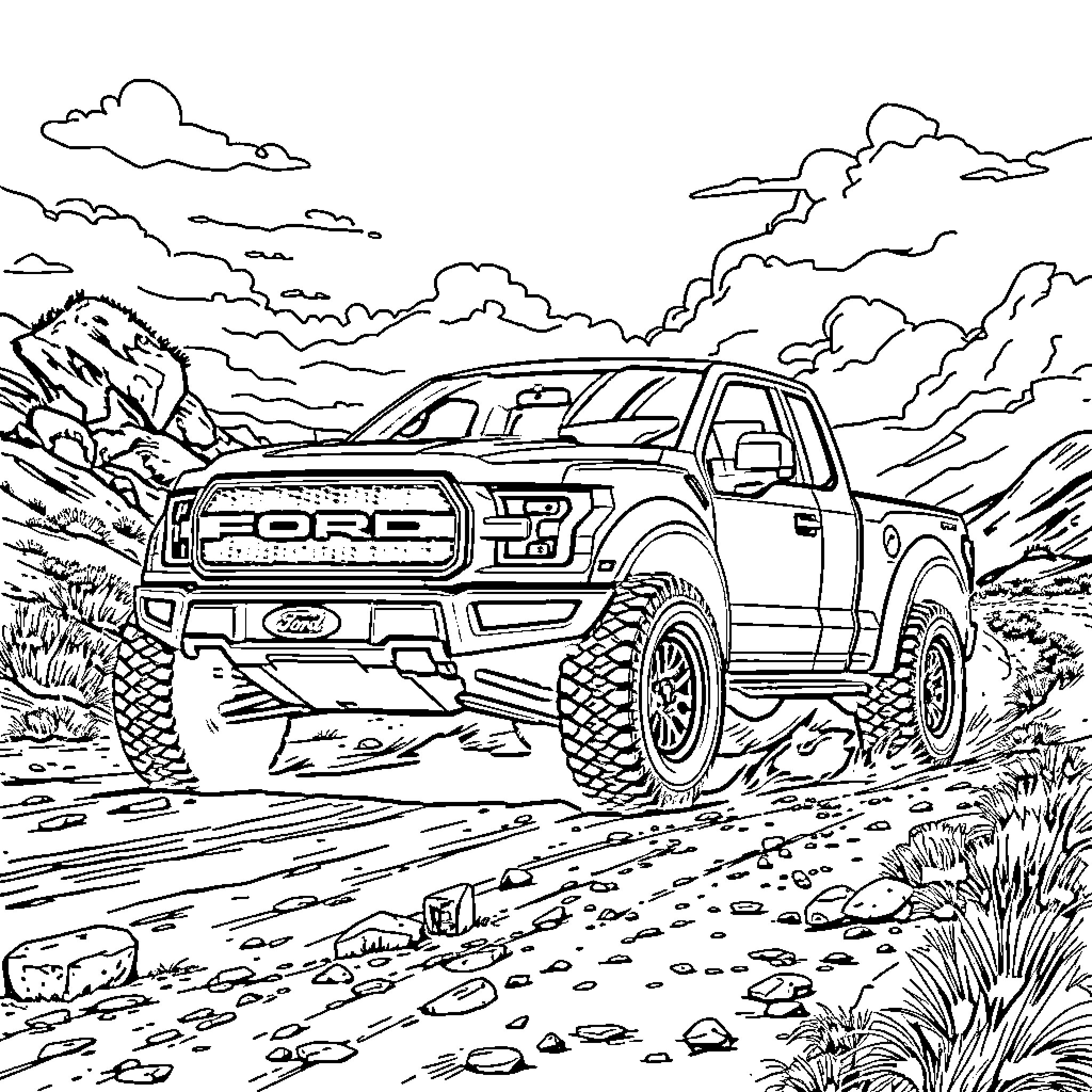 Ford Raptor off-roading through rocky terrain Coloring Page (free black-and-white line drawing printable PDF for all, from beginners to advanced learners, including children, teens, adults, and seniors)