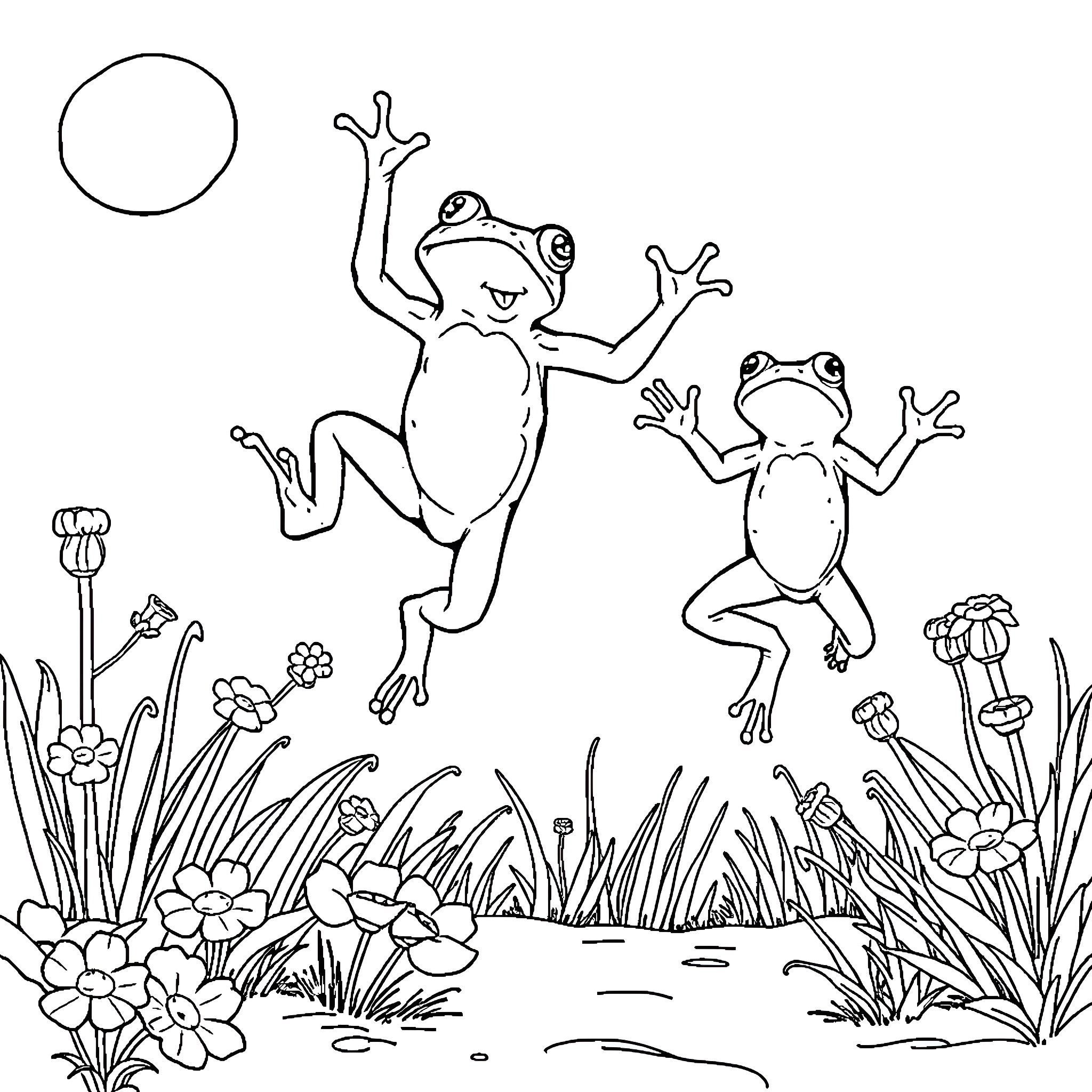 Toad friends frolicking in the meadow Coloring Page (free black-and-white line drawing printable PDF for all, from beginners to advanced learners, including children, teens, adults, and seniors)