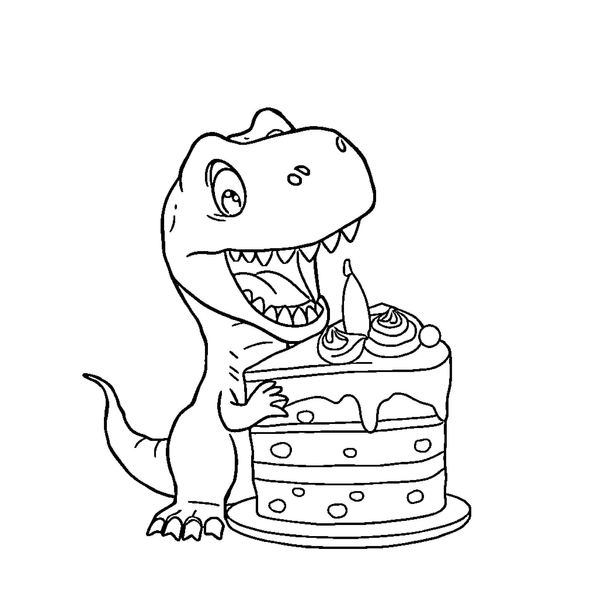 Dinosaur enjoying birthday cake happily Coloring Page (free black-and-white line drawing printable PDF for all, from beginners to advanced learners, including children, teens, adults, and seniors)