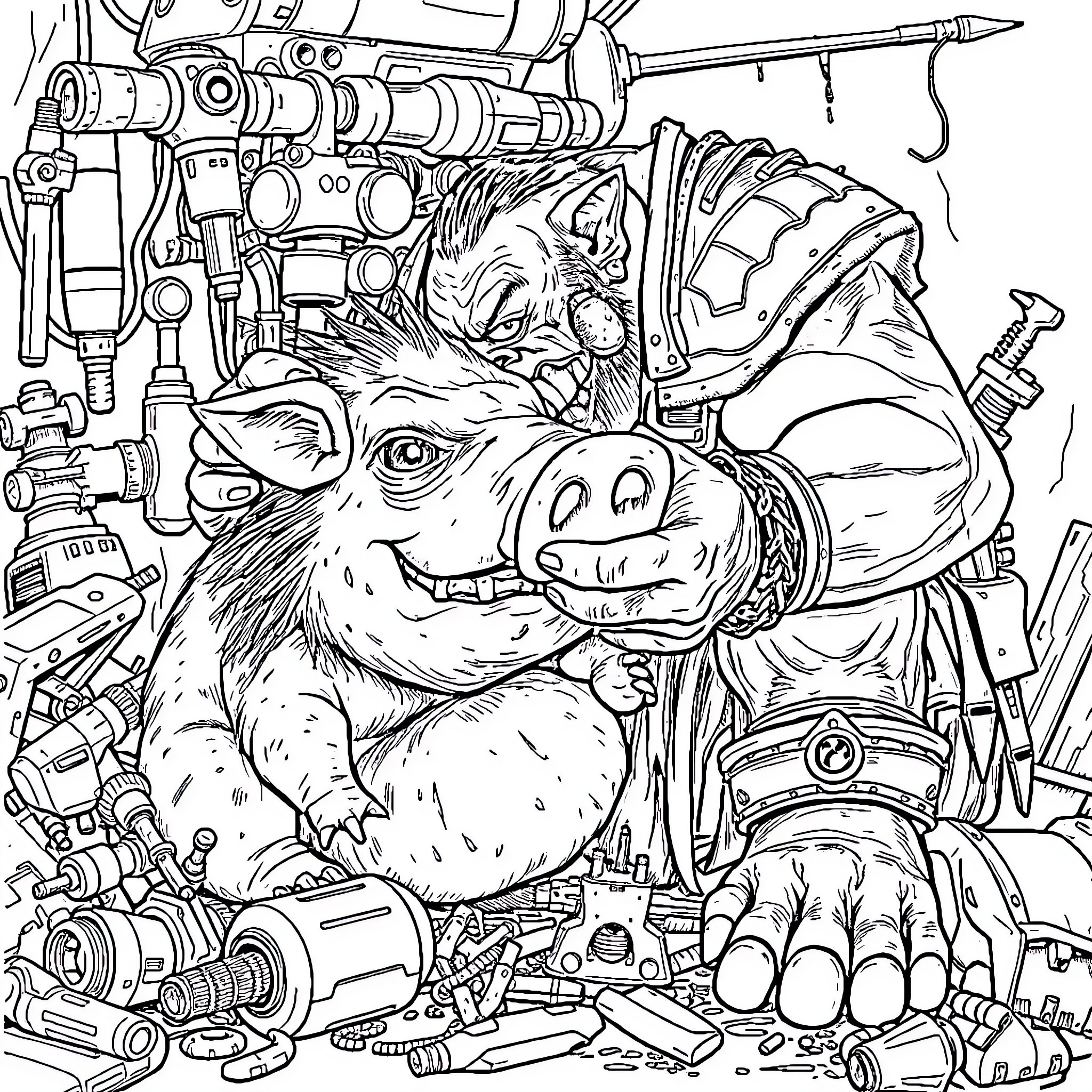 Ork Mercenary Prepares for Battle Coloring Page (free black-and-white line drawing printable PDF for all, from beginners to advanced learners, including children, teens, adults, and seniors)