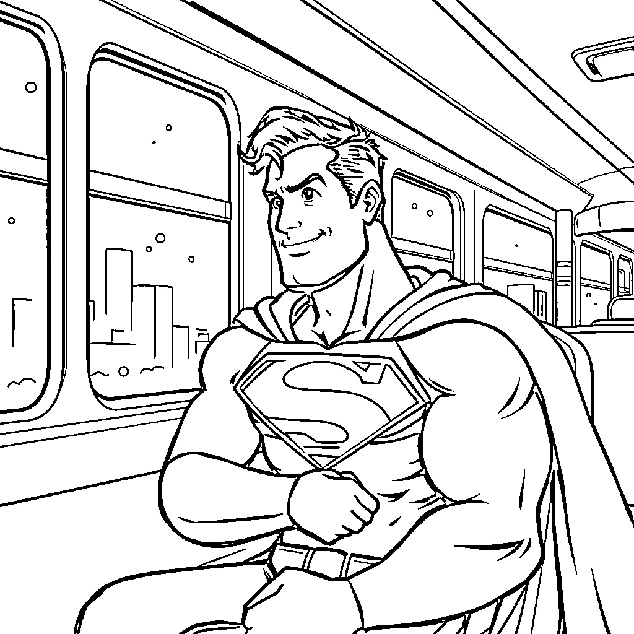 Superman riding the subway train Coloring Page (free black-and-white line drawing printable PDF for all, from beginners to advanced learners, including children, teens, adults, and seniors)