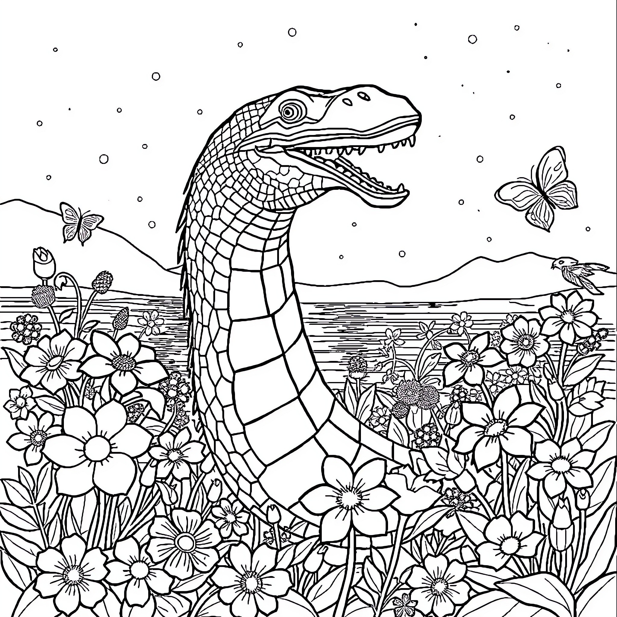 Loch Ness Monster exploring a meadow filled with flowers Coloring Page (free black-and-white line drawing printable PDF for all, from beginners to advanced learners, including children, teens, adults, and seniors)