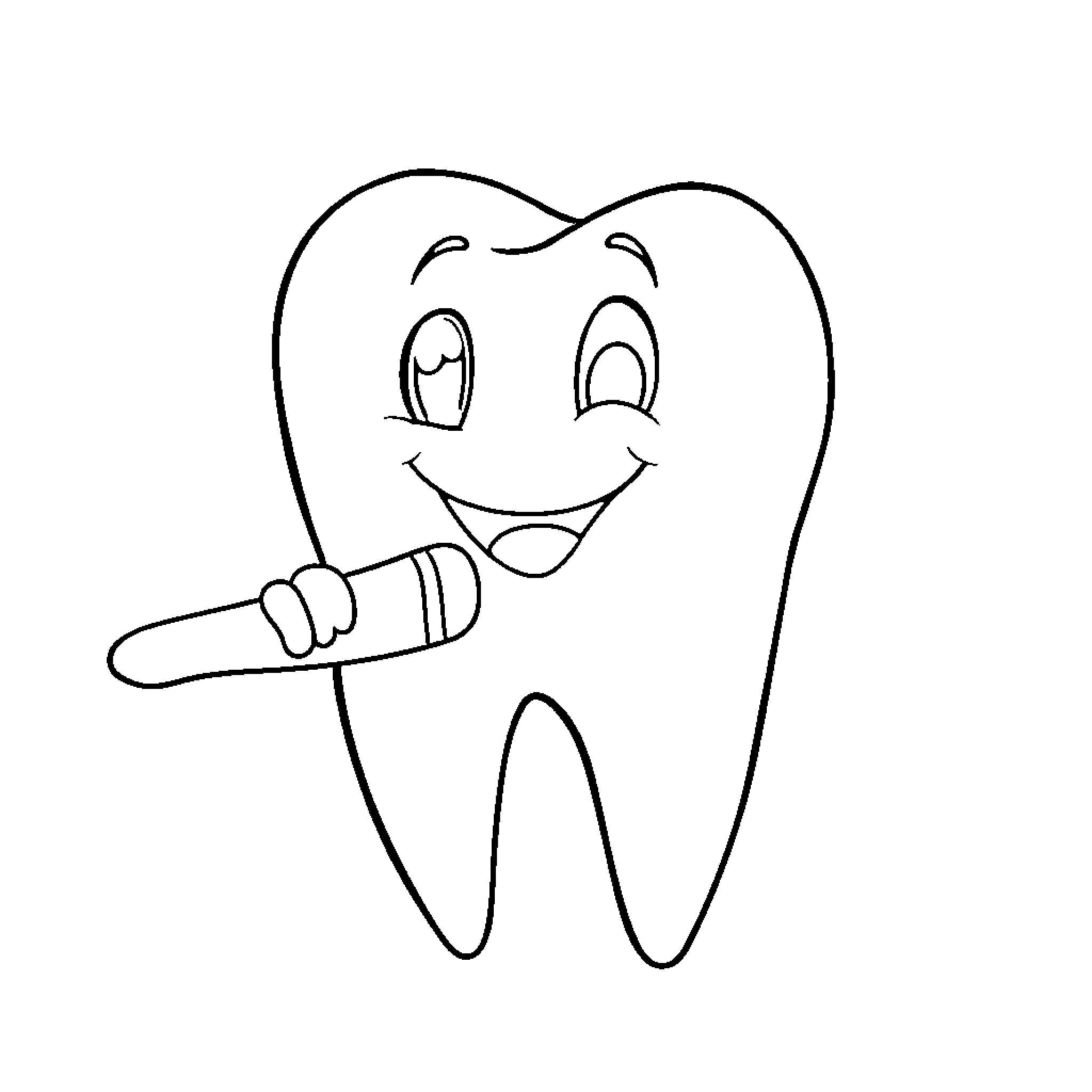 Tooth holding a toothbrush happily Coloring Page (free black-and-white line drawing printable PDF for all, from beginners to advanced learners, including children, teens, adults, and seniors)