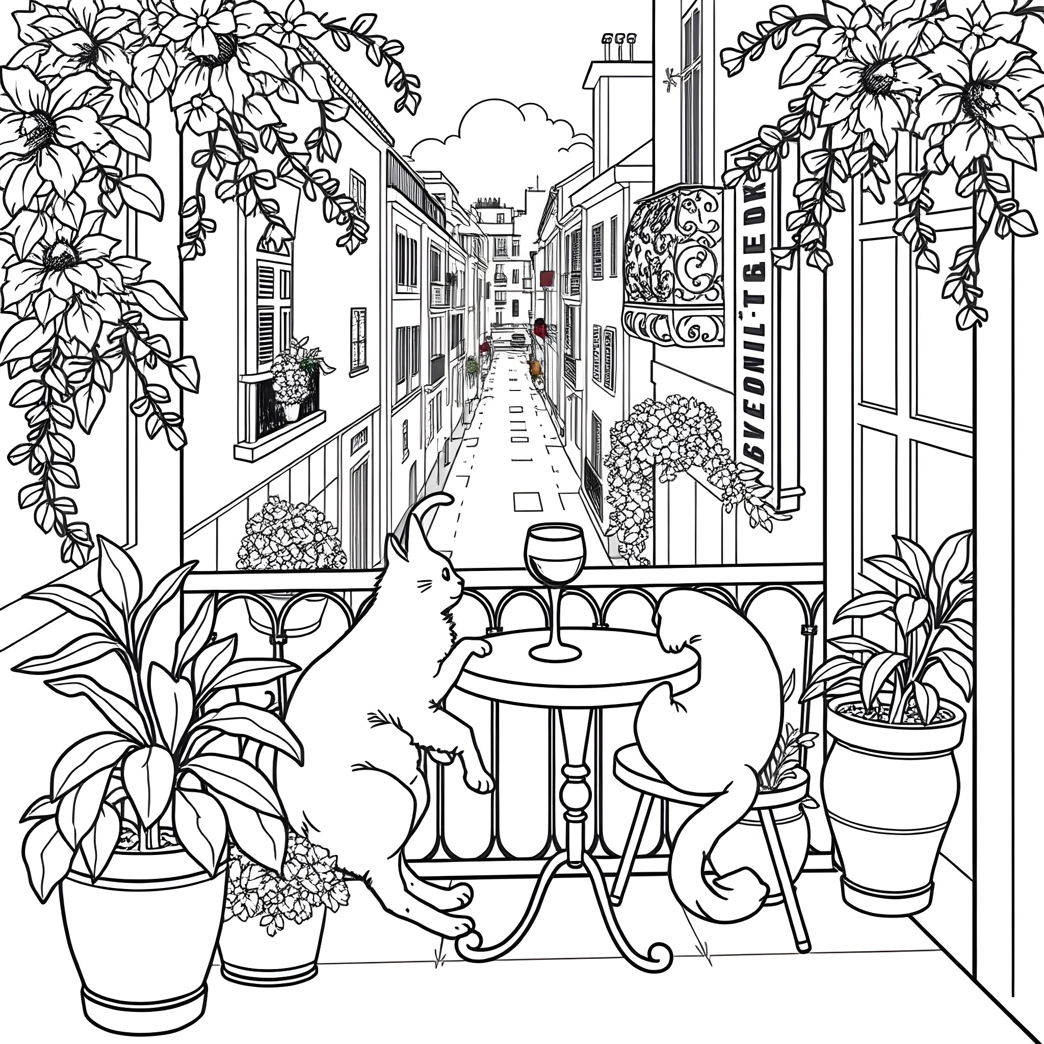 Cat enjoying a cozy cafe in a scenic city street Coloring Page (free black-and-white line drawing printable PDF for all, from beginners to advanced learners, including children, teens, adults, and seniors)