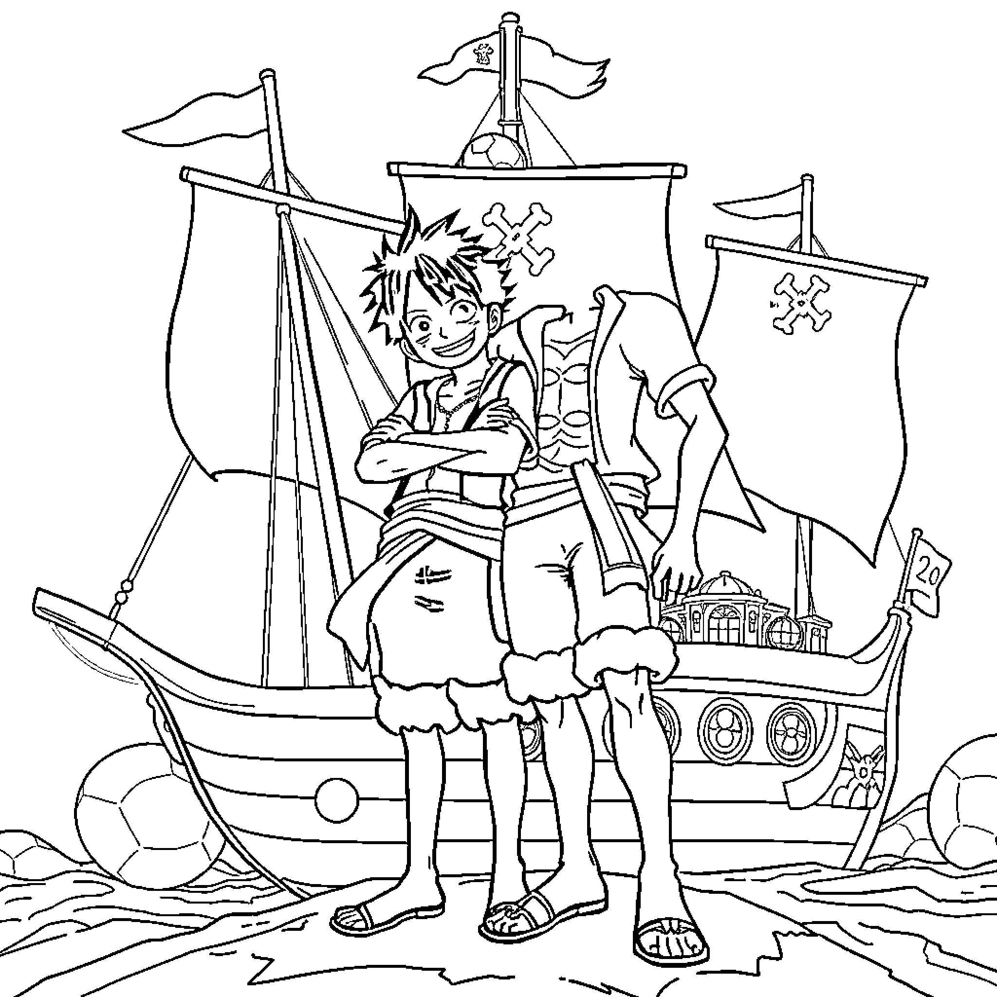 Mbappe's Pirate Voyage on the High Seas Coloring Page (free black-and-white line drawing printable PDF for all, from beginners to advanced learners, including children, teens, adults, and seniors)