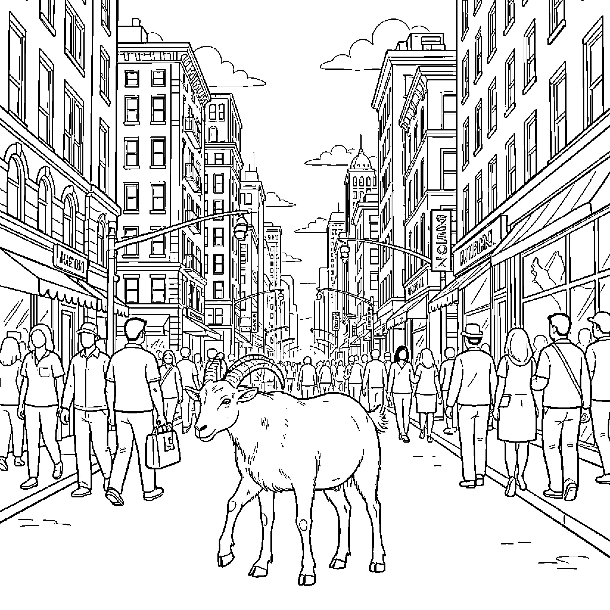 Goat wandering through busy city streets Coloring Page (free black-and-white line drawing printable PDF for all, from beginners to advanced learners, including children, teens, adults, and seniors)