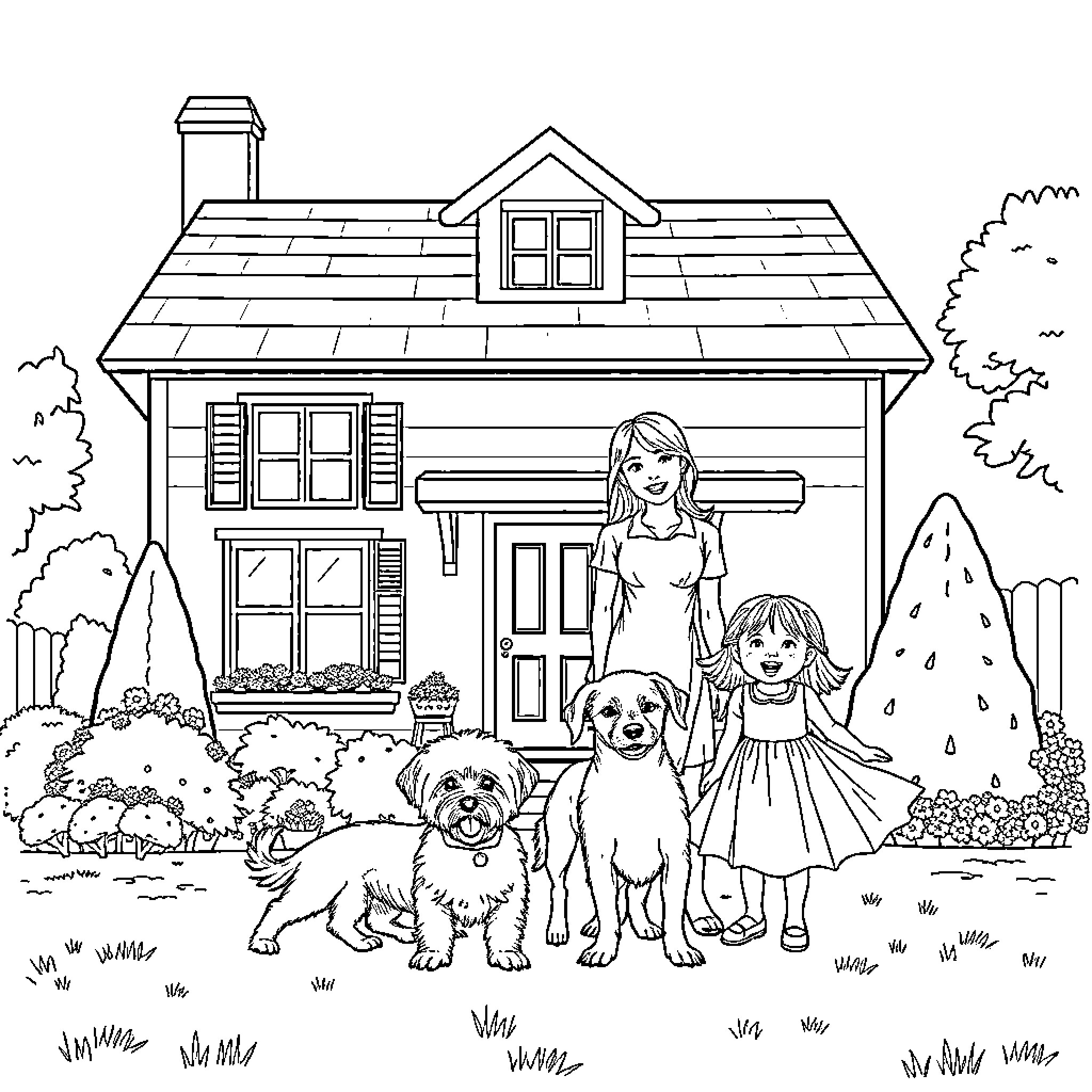 Dog family enjoys outdoor home scene Coloring Page (free black-and-white line drawing printable PDF for all, from beginners to advanced learners, including children, teens, adults, and seniors)