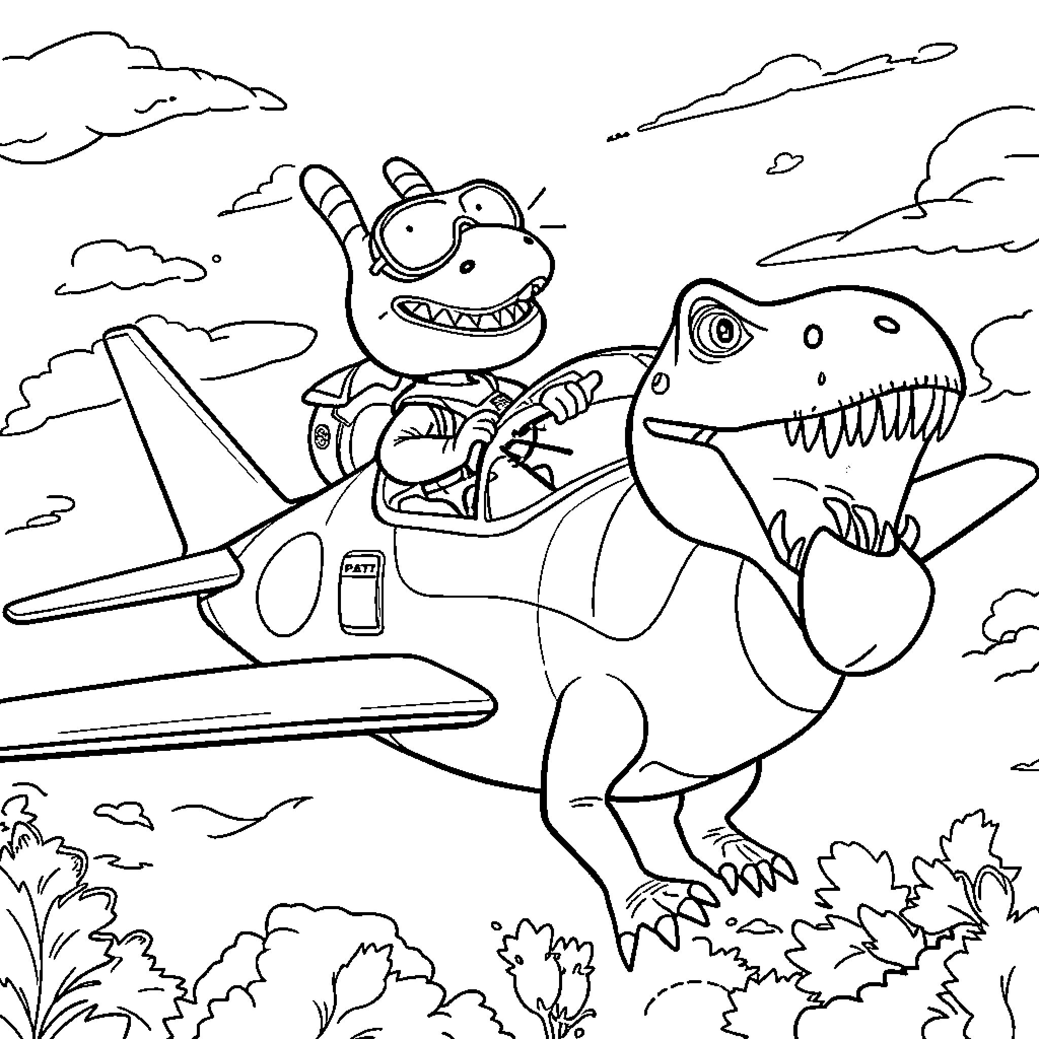 Chase adventures flying a plane with a dinosaur friend Coloring Page (free black-and-white line drawing printable PDF for all, from beginners to advanced learners, including children, teens, adults, and seniors)