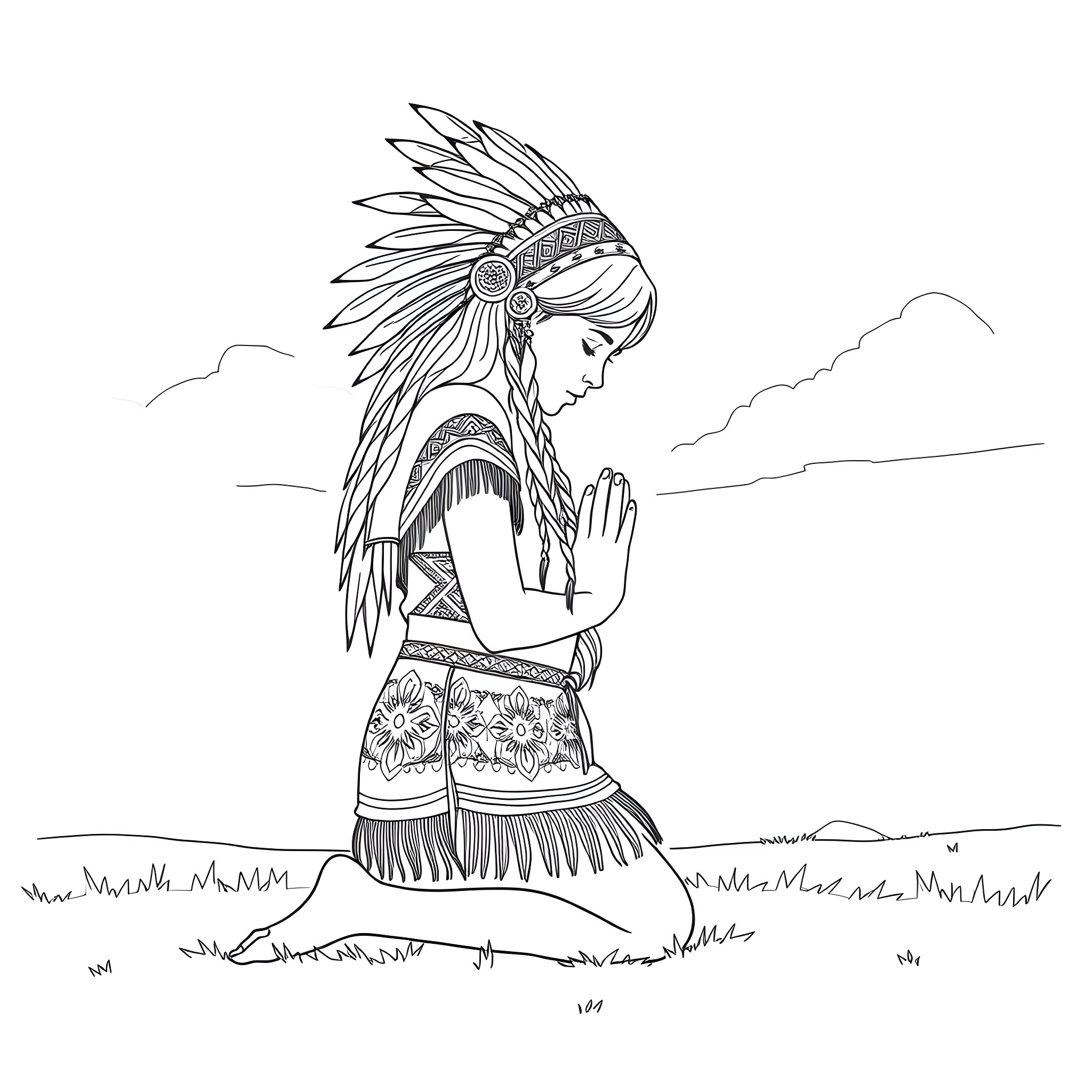 Native American Girl Praying in the Wilderness Coloring Page (free black-and-white line drawing printable PDF for all, from beginners to advanced learners, including children, teens, adults, and seniors)