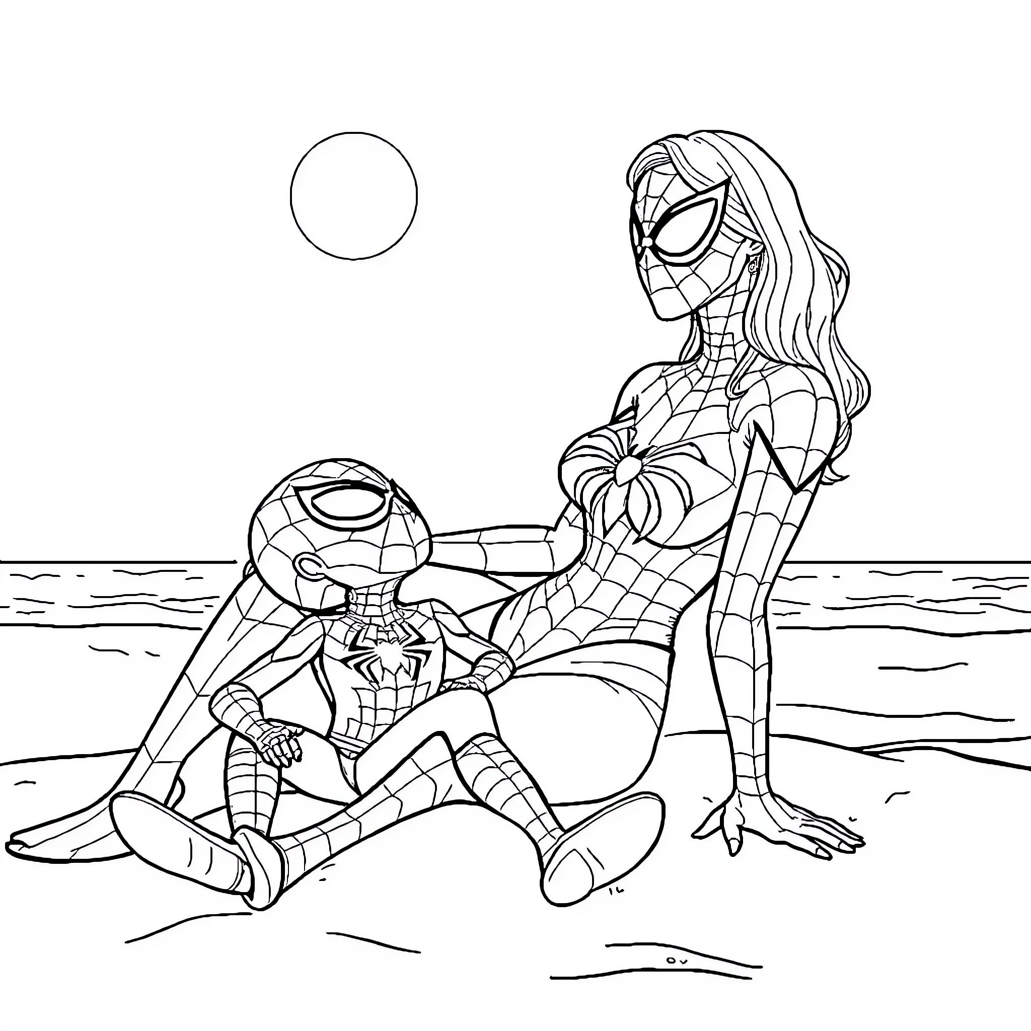 Spider-Man relaxing with companion on beach Coloring Page (free black-and-white line drawing printable PDF for all, from beginners to advanced learners, including children, teens, adults, and seniors)