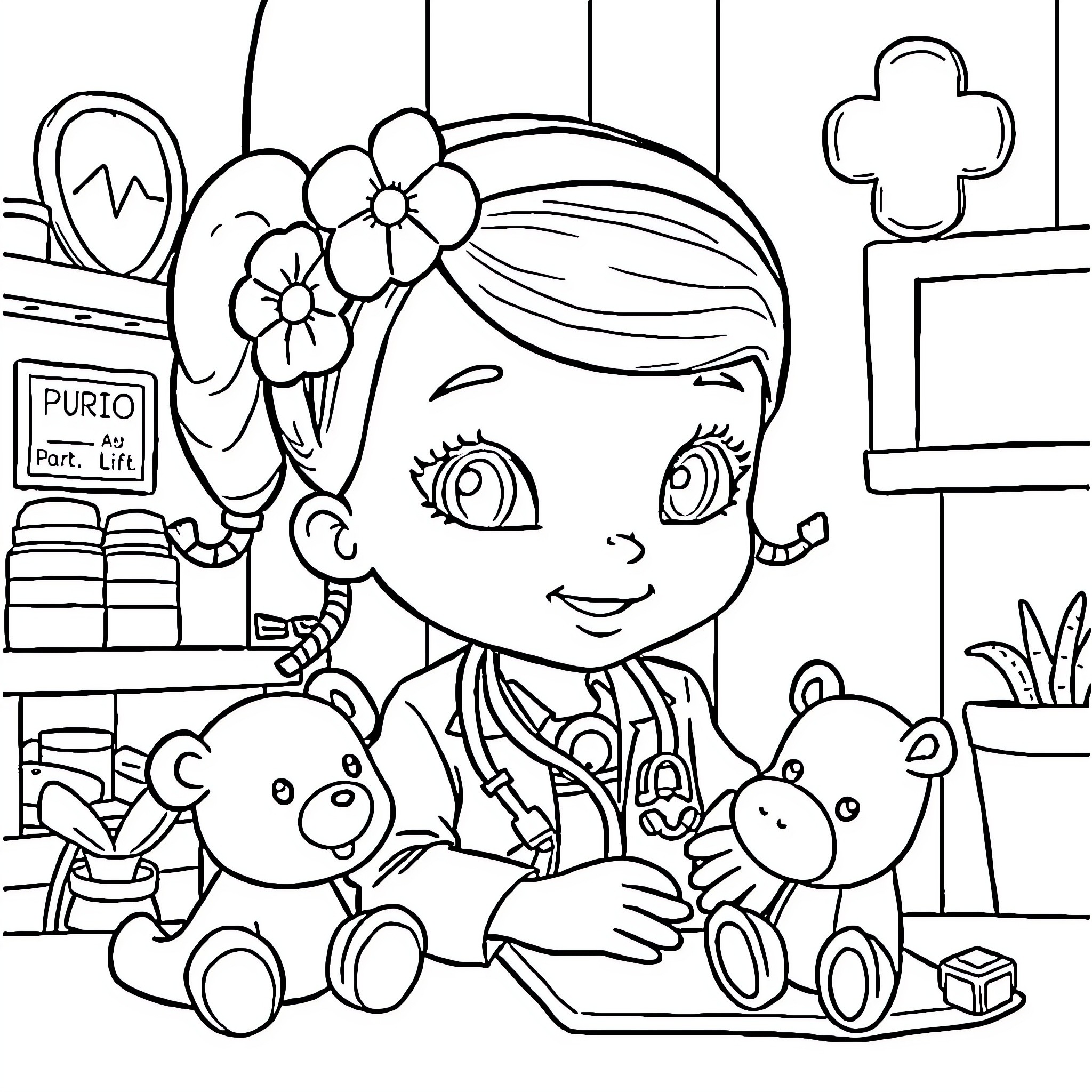 Doc McStuffins cares for her stuffed animal friends Coloring Page (free black-and-white line drawing printable PDF for all, from beginners to advanced learners, including children, teens, adults, and seniors)