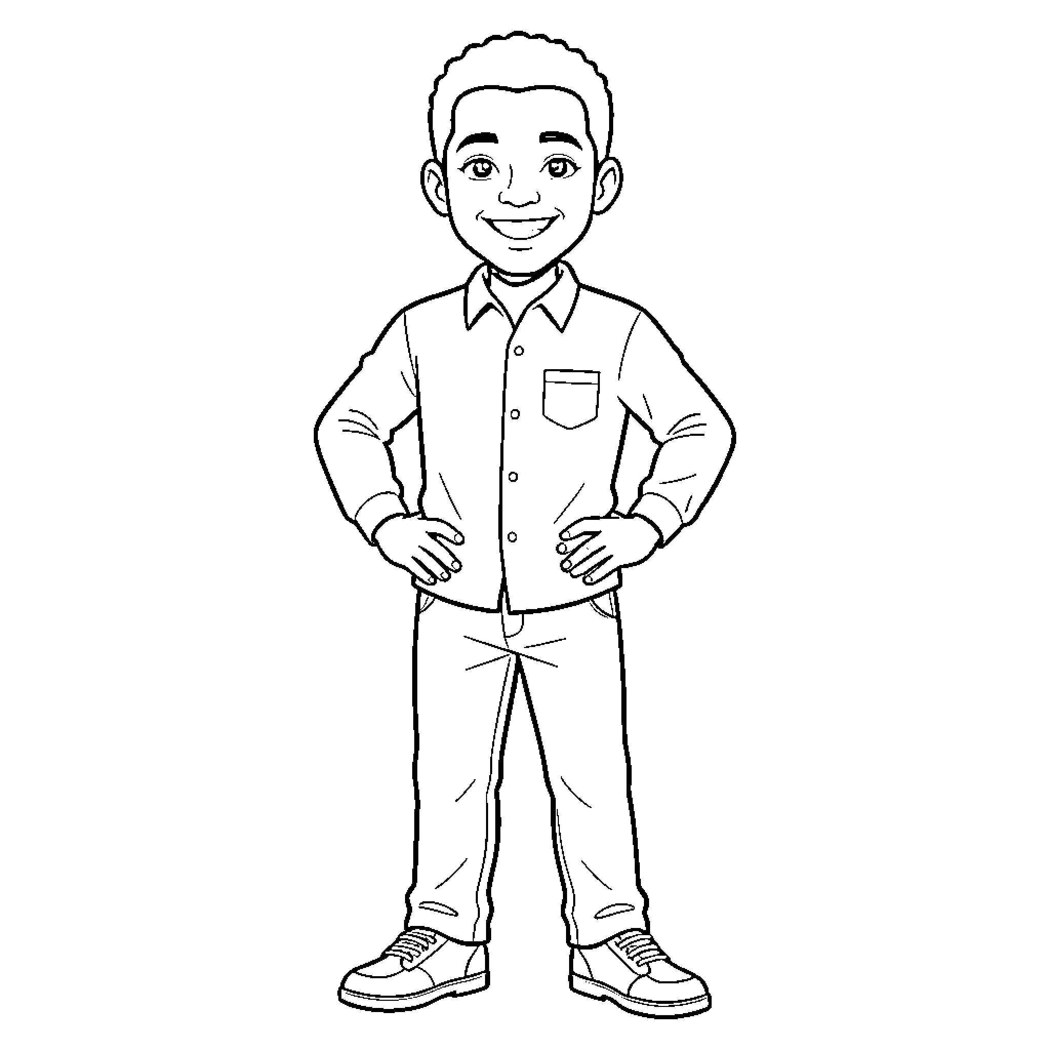 Leon's Friendly Posture and Casual Attire Coloring Page (free black-and-white line drawing printable PDF for all, from beginners to advanced learners, including children, teens, adults, and seniors)
