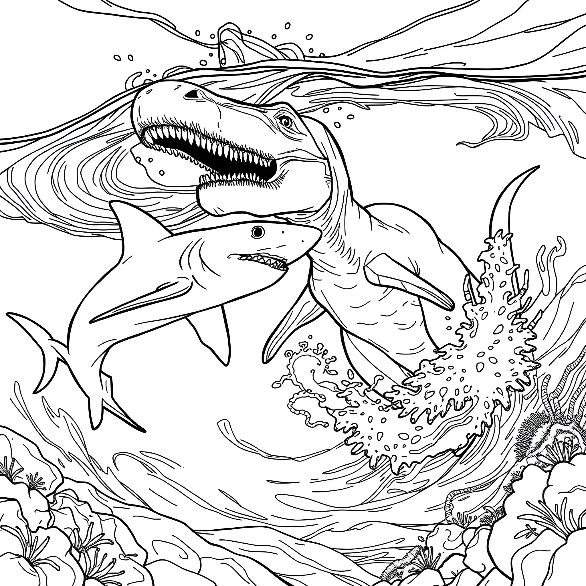 Thresher Shark chasing smaller shark in underwater scene Coloring Page (free black-and-white line drawing printable PDF for all, from beginners to advanced learners, including children, teens, adults, and seniors)