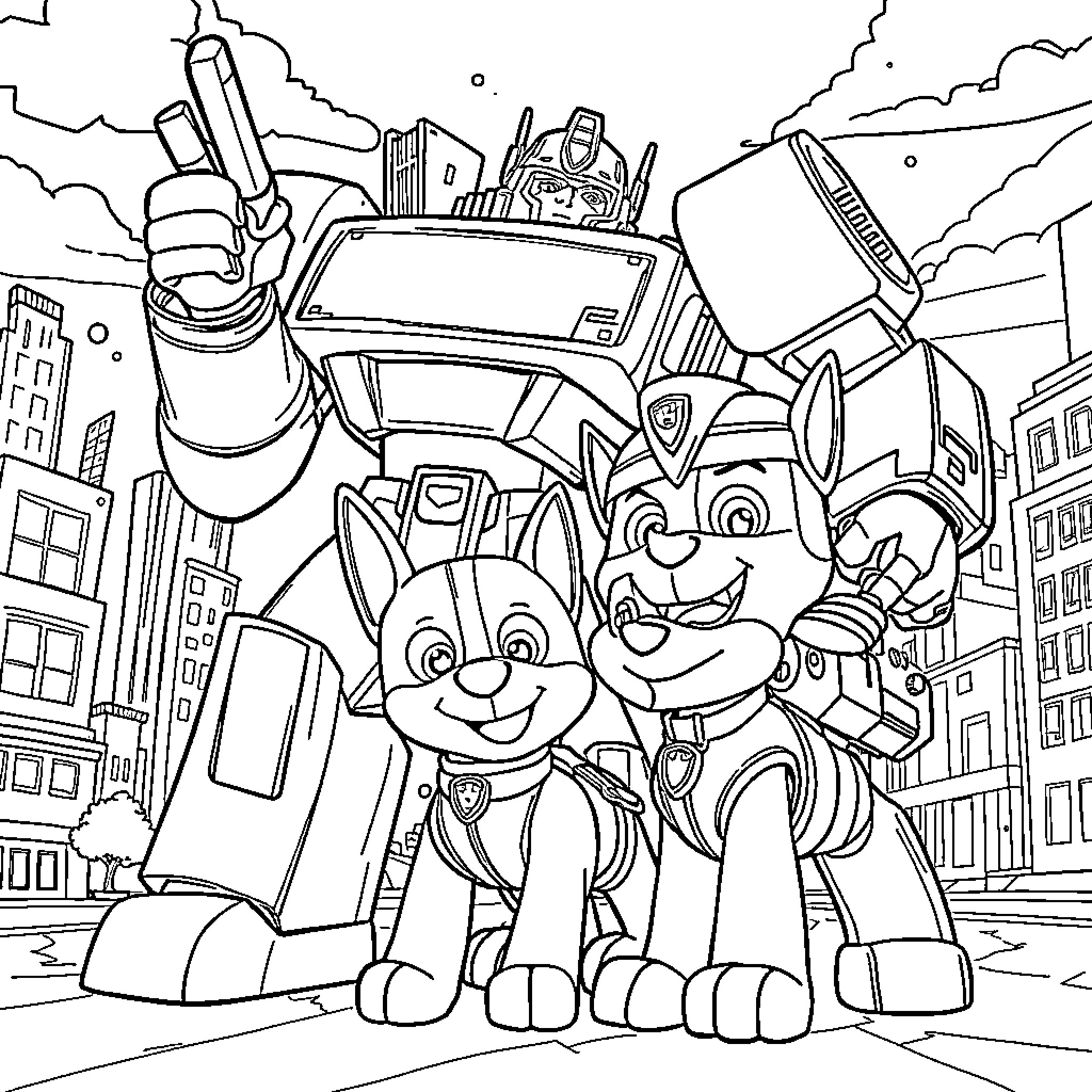 Paw Patrol Heroic Rescue Mission in the City Coloring Page (free black-and-white line drawing printable PDF for all, from beginners to advanced learners, including children, teens, adults, and seniors)