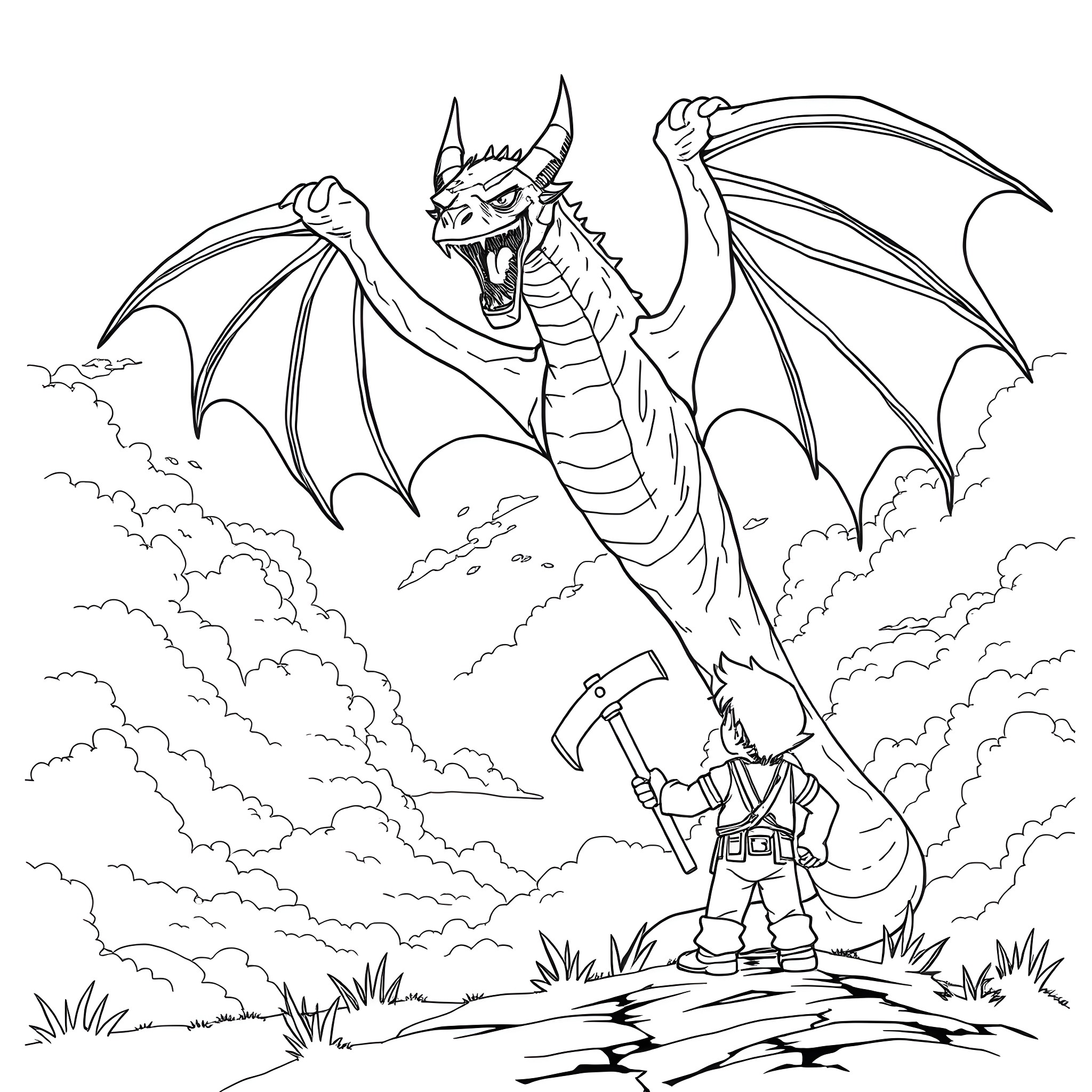 Steve's Heroic Encounter with the Mighty Dragon Coloring Page (free black-and-white line drawing printable PDF for all, from beginners to advanced learners, including children, teens, adults, and seniors)