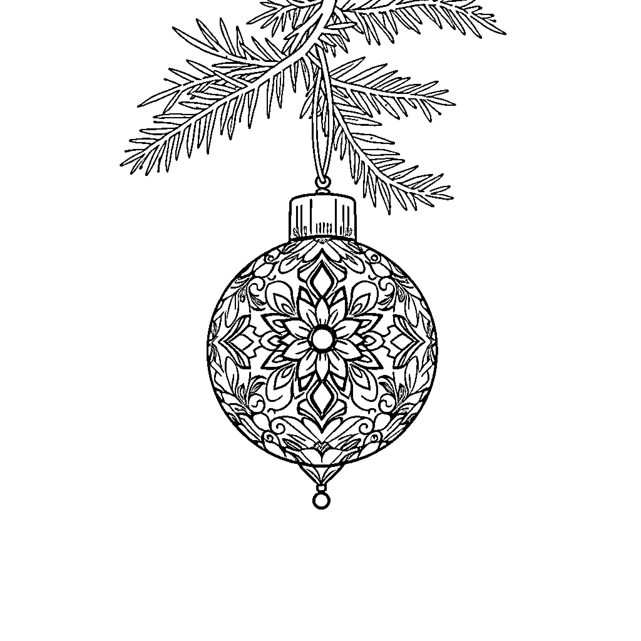 Christmas Tree Ornament with Intricate Floral Designs Coloring Page (free black-and-white line drawing printable PDF for all, from beginners to advanced learners, including children, teens, adults, and seniors)