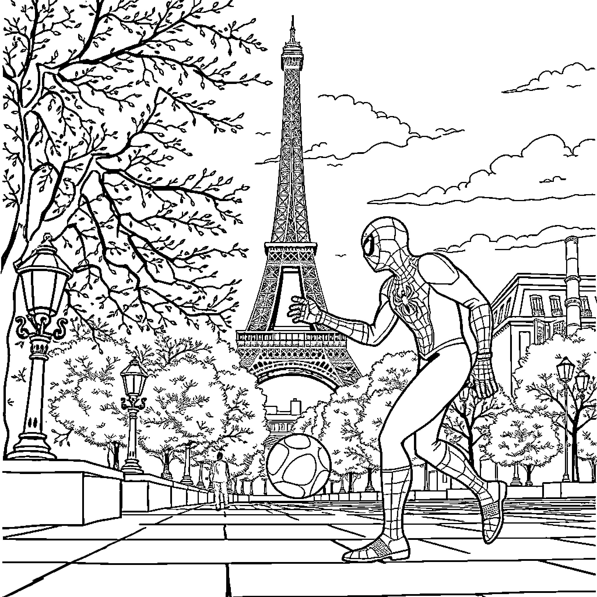 Spiderman swinging through the streets of Paris Coloring Page (free black-and-white line drawing printable PDF for all, from beginners to advanced learners, including children, teens, adults, and seniors)