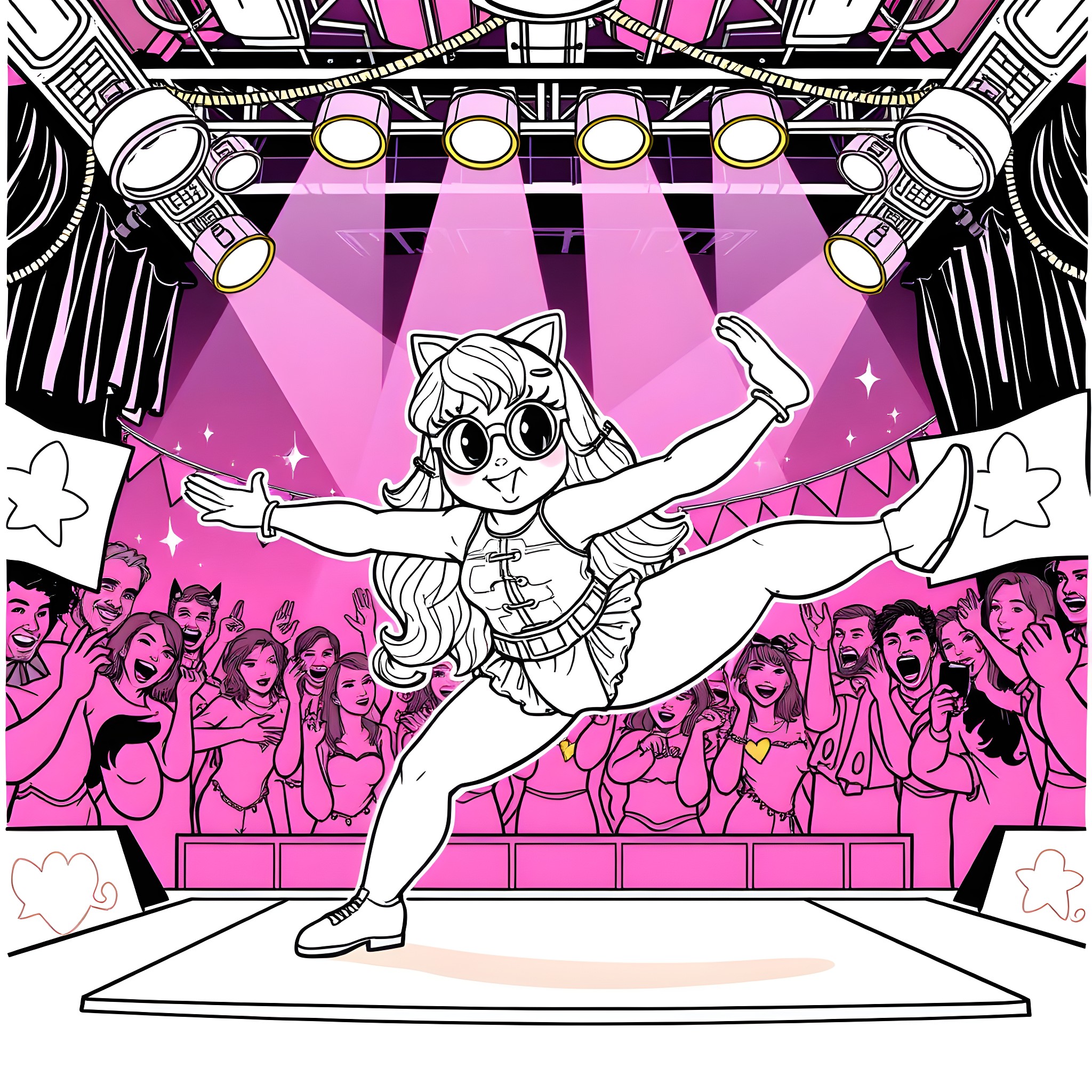 Cupcakke's Energetic Performance on Stage Coloring Page (free black-and-white line drawing printable PDF for all, from beginners to advanced learners, including children, teens, adults, and seniors)