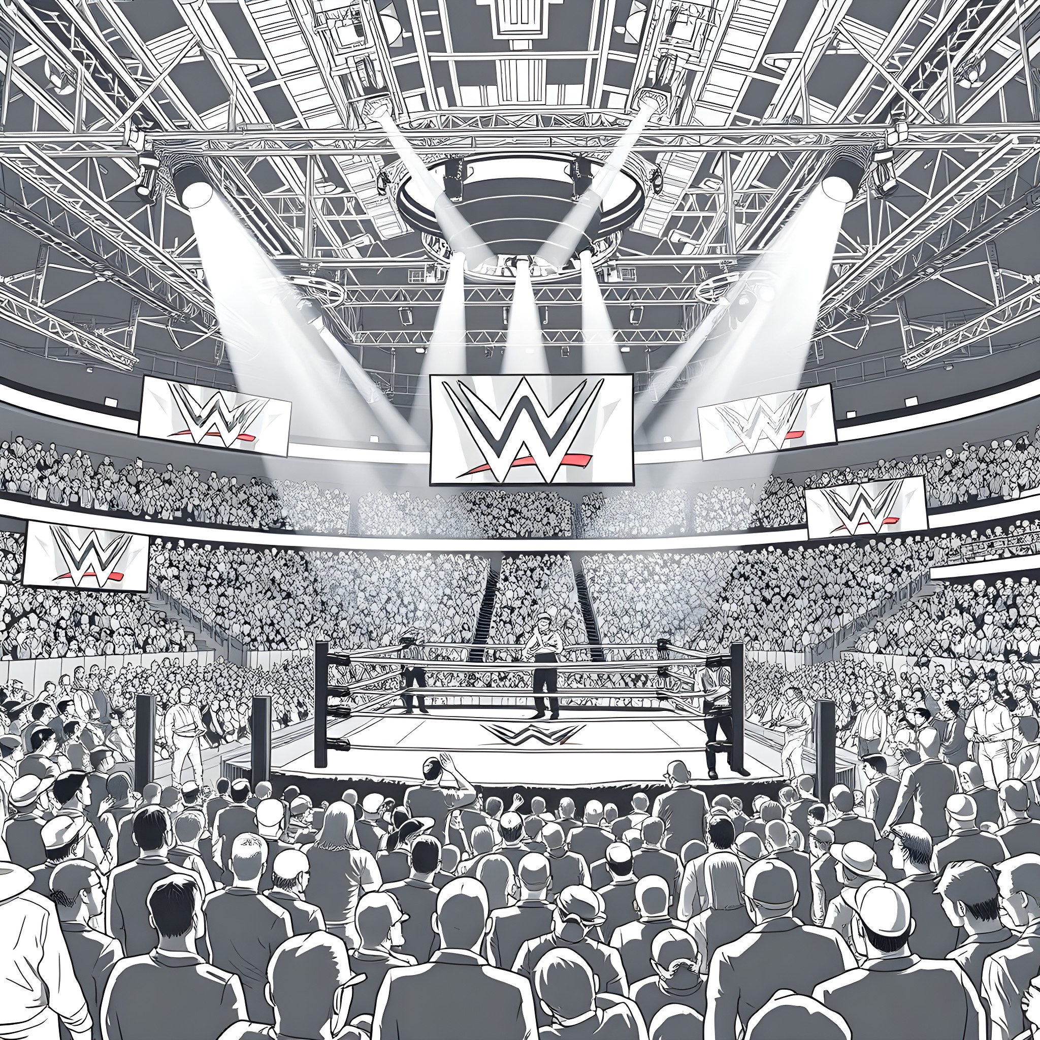 WWE Raw: Intense wrestling action in a packed stadium Coloring Page (free black-and-white line drawing printable PDF for all, from beginners to advanced learners, including children, teens, adults, and seniors)
