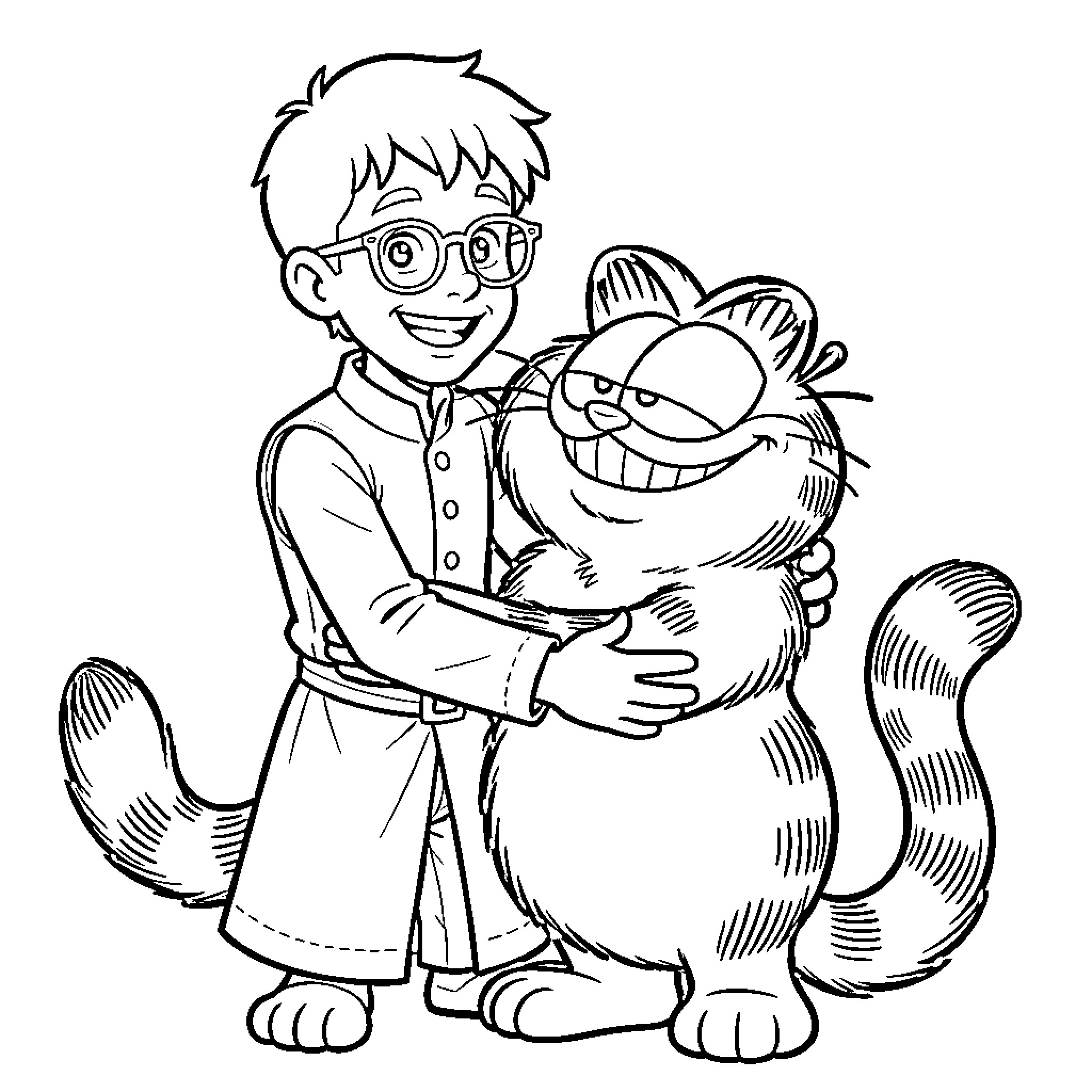 Boy cuddling a playful cat Coloring Page (free black-and-white line drawing printable PDF for all, from beginners to advanced learners, including children, teens, adults, and seniors)