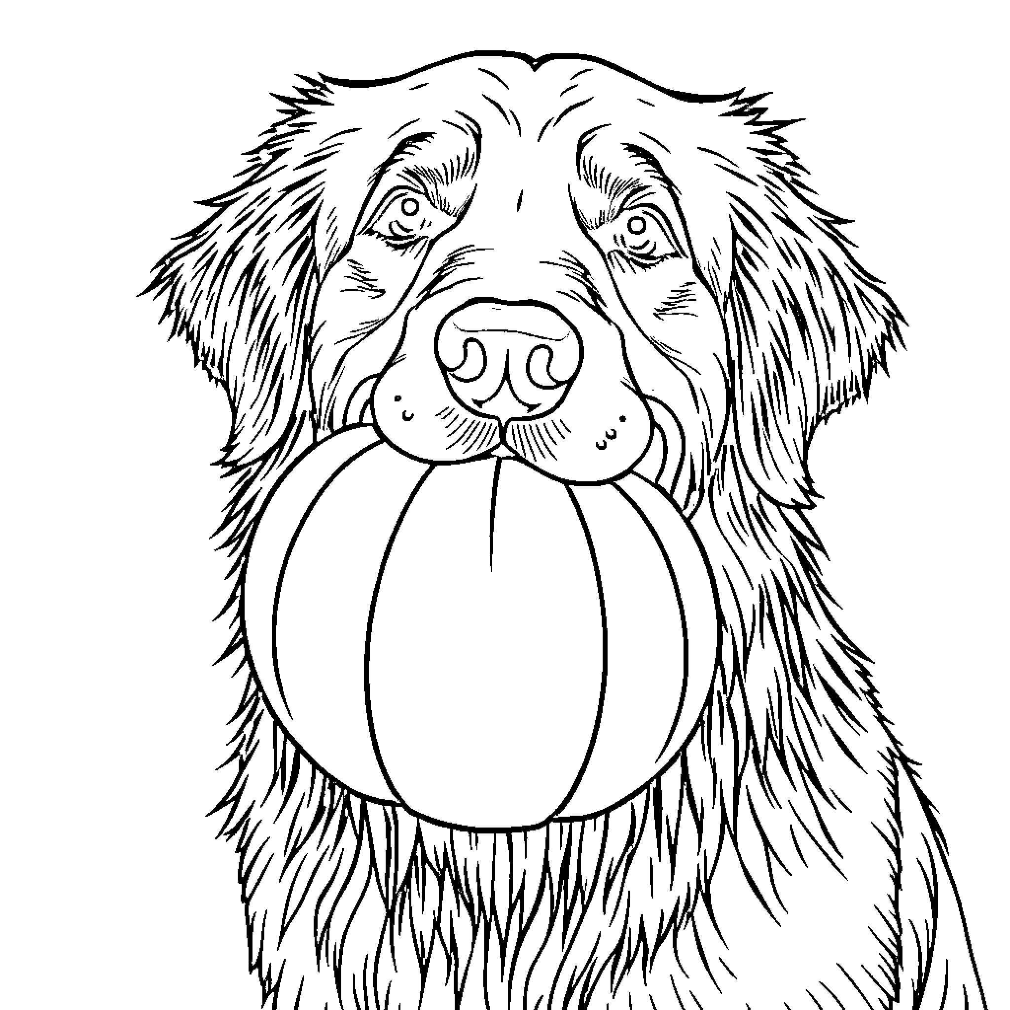 Golden Retriever playing with ball Coloring Page (free black-and-white line drawing printable PDF for all, from beginners to advanced learners, including children, teens, adults, and seniors)