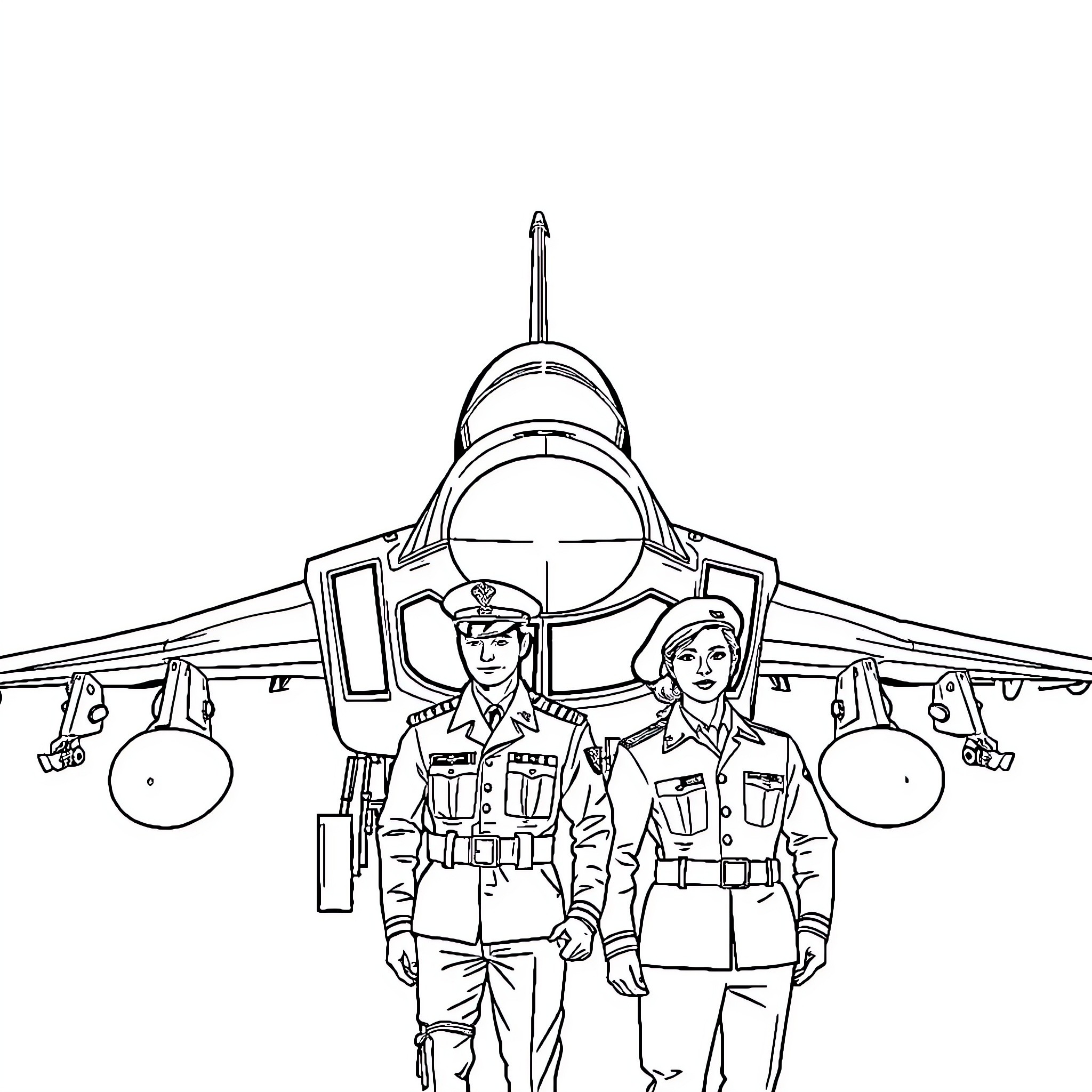 Rafale fighter pilots in front of their aircraft Coloring Page (free black-and-white line drawing printable PDF for all, from beginners to advanced learners, including children, teens, adults, and seniors)