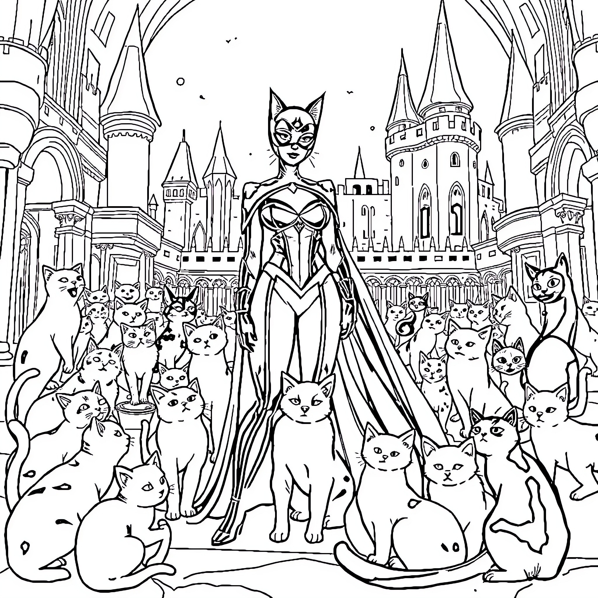 Catwoman surrounded by a crowd of cats in a fantastical castle setting Coloring Page (free black-and-white line drawing printable PDF for all, from beginners to advanced learners, including children, teens, adults, and seniors)
