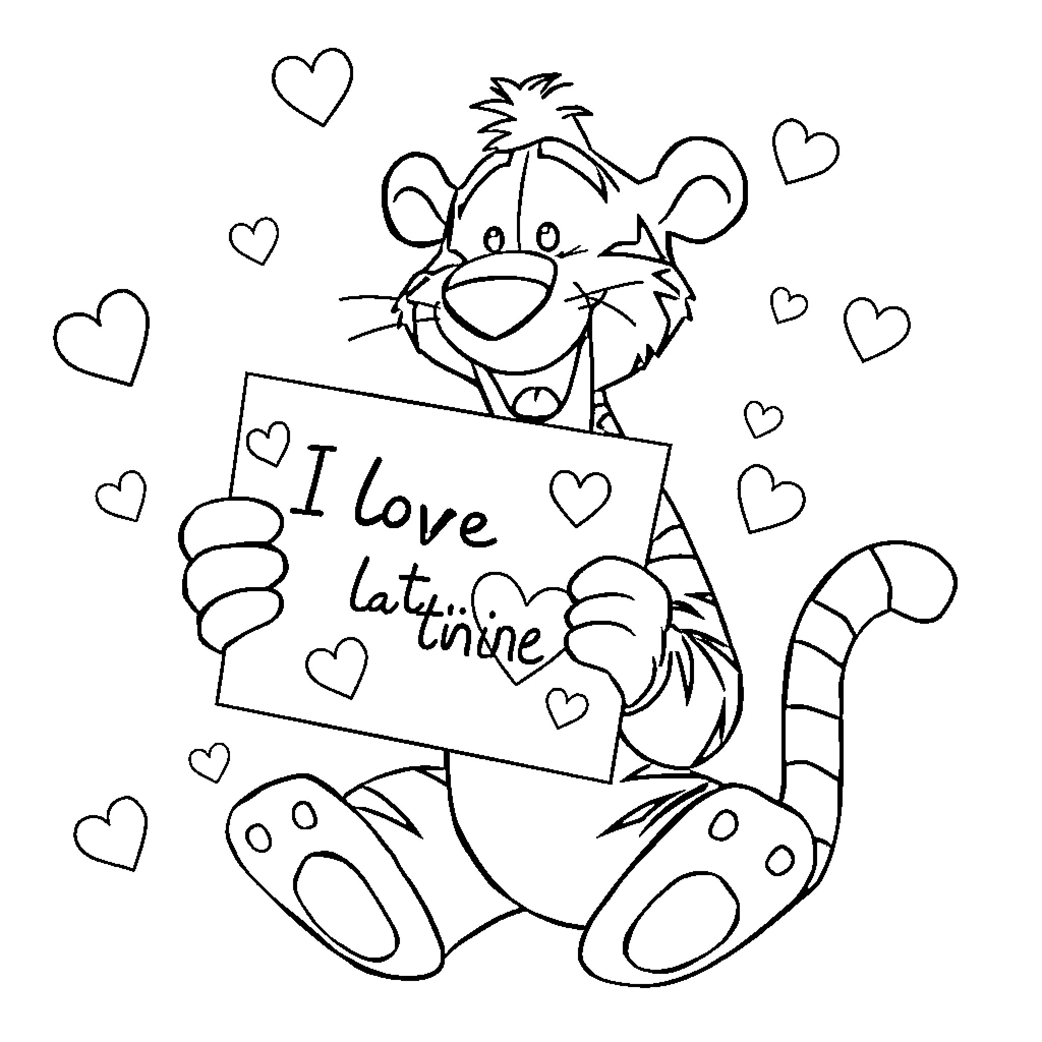 Tigger expressing love with heart-shaped sign Coloring Page (free black-and-white line drawing printable PDF for all, from beginners to advanced learners, including children, teens, adults, and seniors)