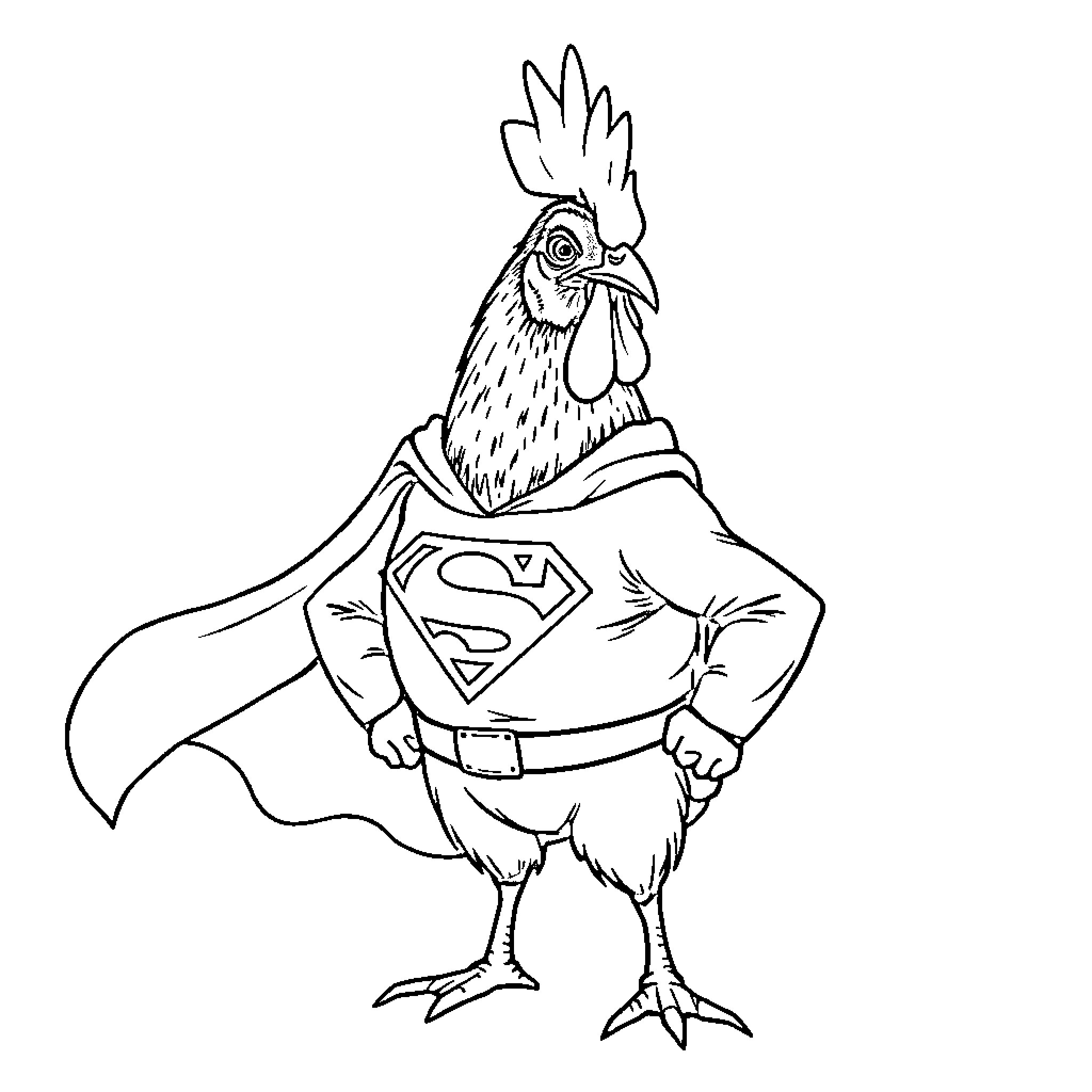 Chicken Superhero in Costume Coloring Page (free black-and-white line drawing printable PDF for all, from beginners to advanced learners, including children, teens, adults, and seniors)