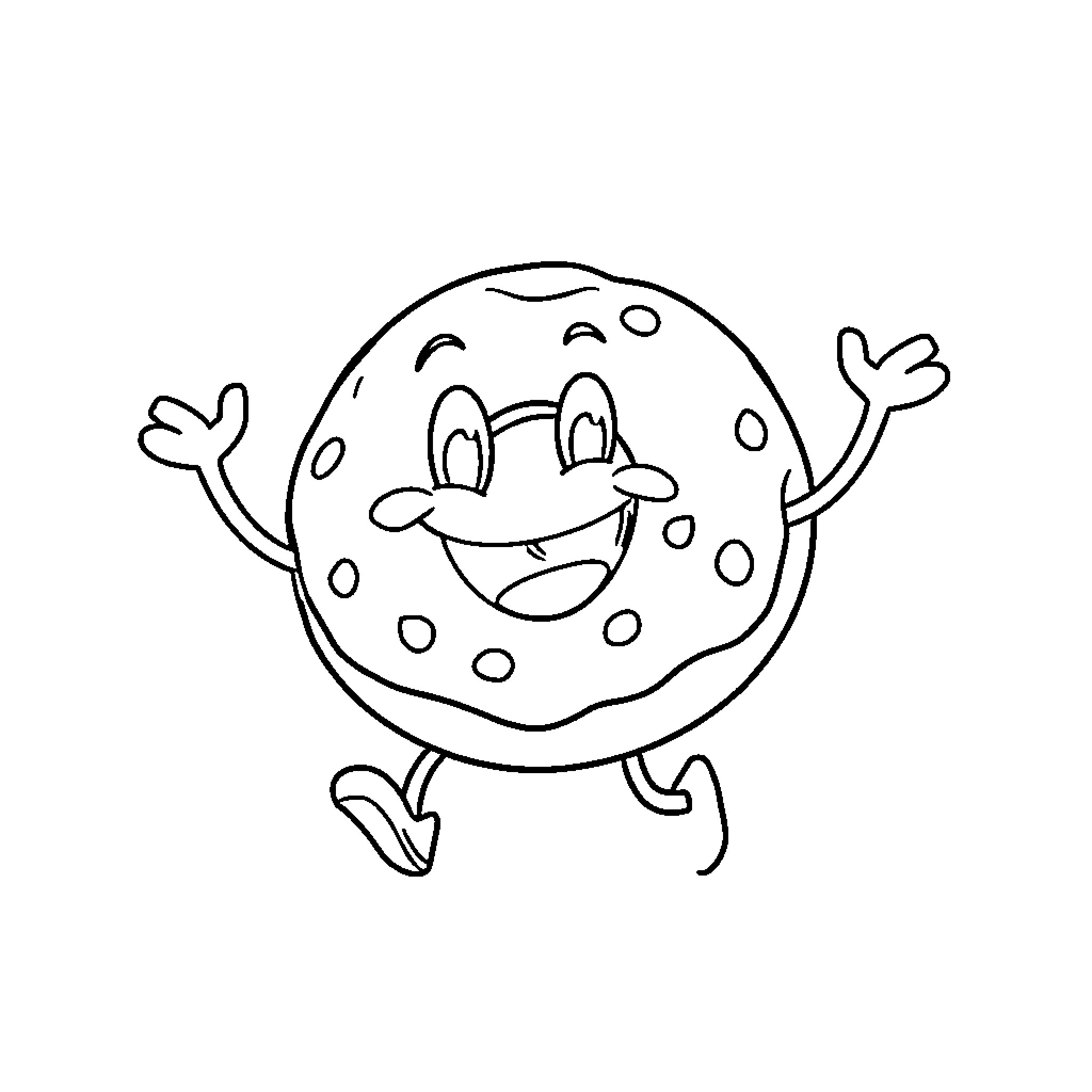 Donut character smiling and waving happily Coloring Page (free black-and-white line drawing printable PDF for all, from beginners to advanced learners, including children, teens, adults, and seniors)