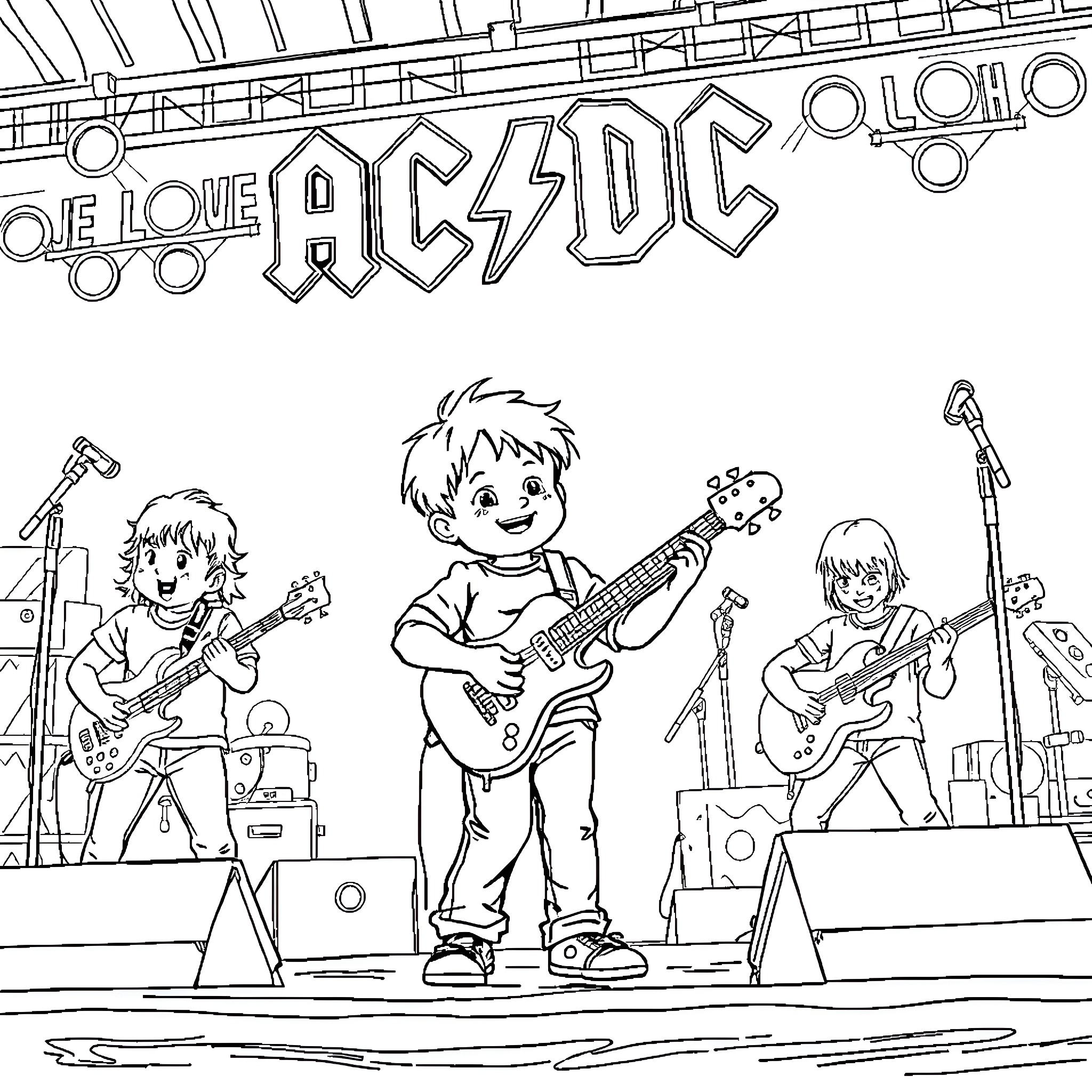 Boy Rock Band Performing on Stage Coloring Page (free black-and-white line drawing printable PDF for all, from beginners to advanced learners, including children, teens, adults, and seniors)