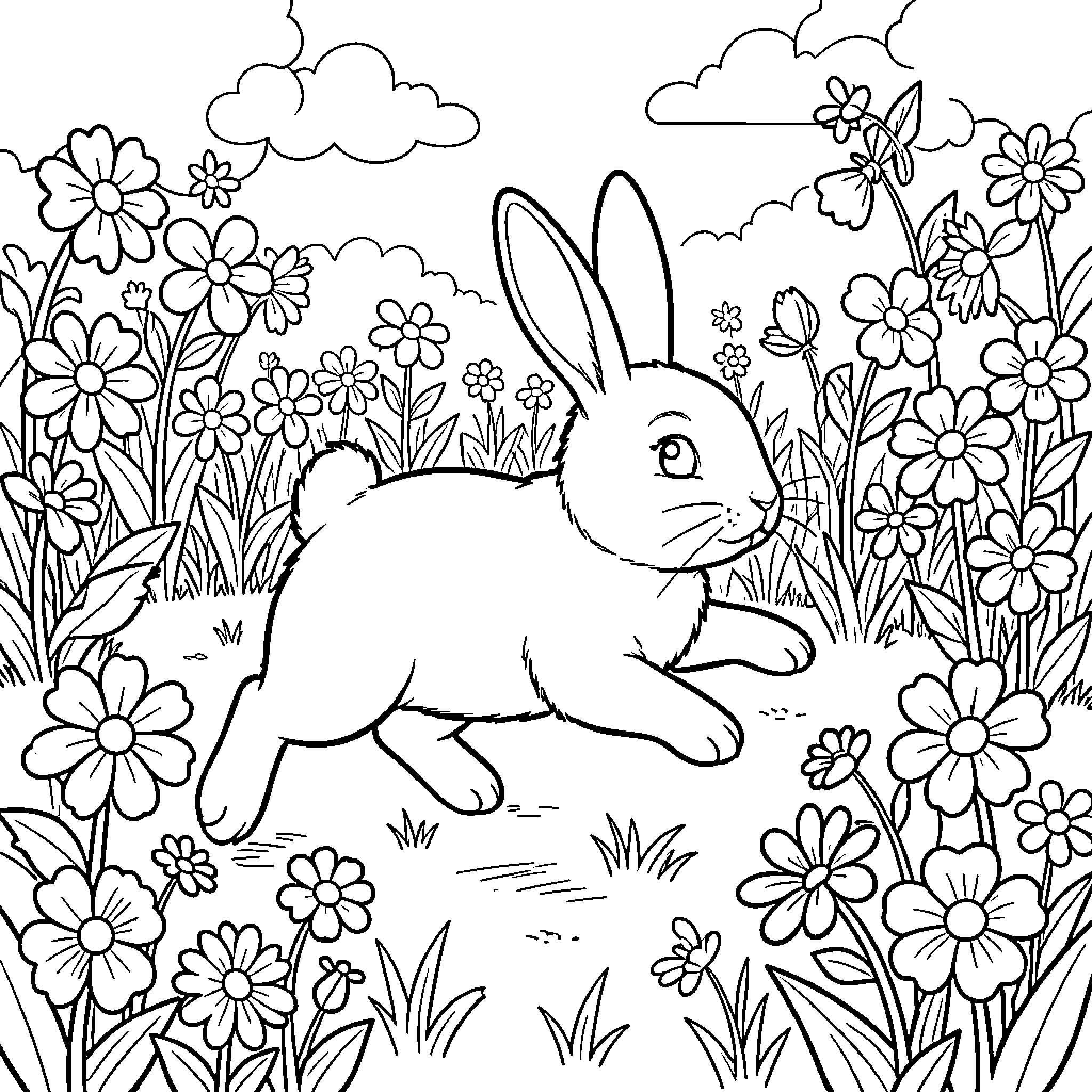 Bunny hopping joyfully through a field of flowers Coloring Page (free black-and-white line drawing printable PDF for all, from beginners to advanced learners, including children, teens, adults, and seniors)