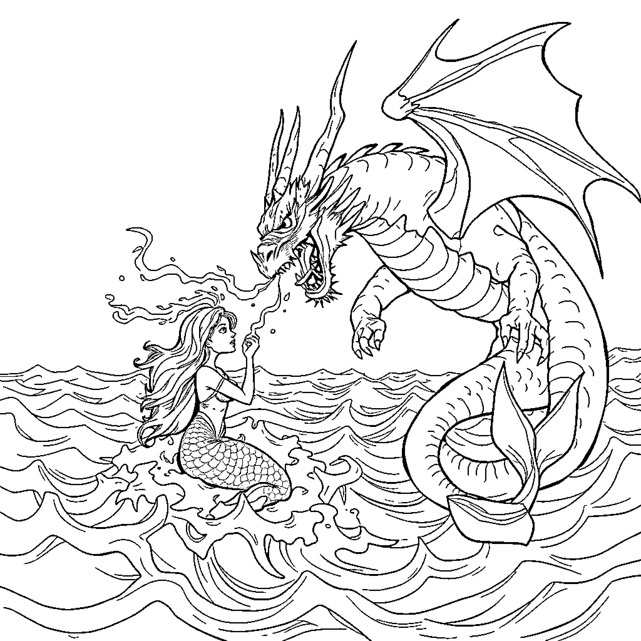Dragon battling with mermaid in the ocean Coloring Page (free black-and-white line drawing printable PDF for all, from beginners to advanced learners, including children, teens, adults, and seniors)
