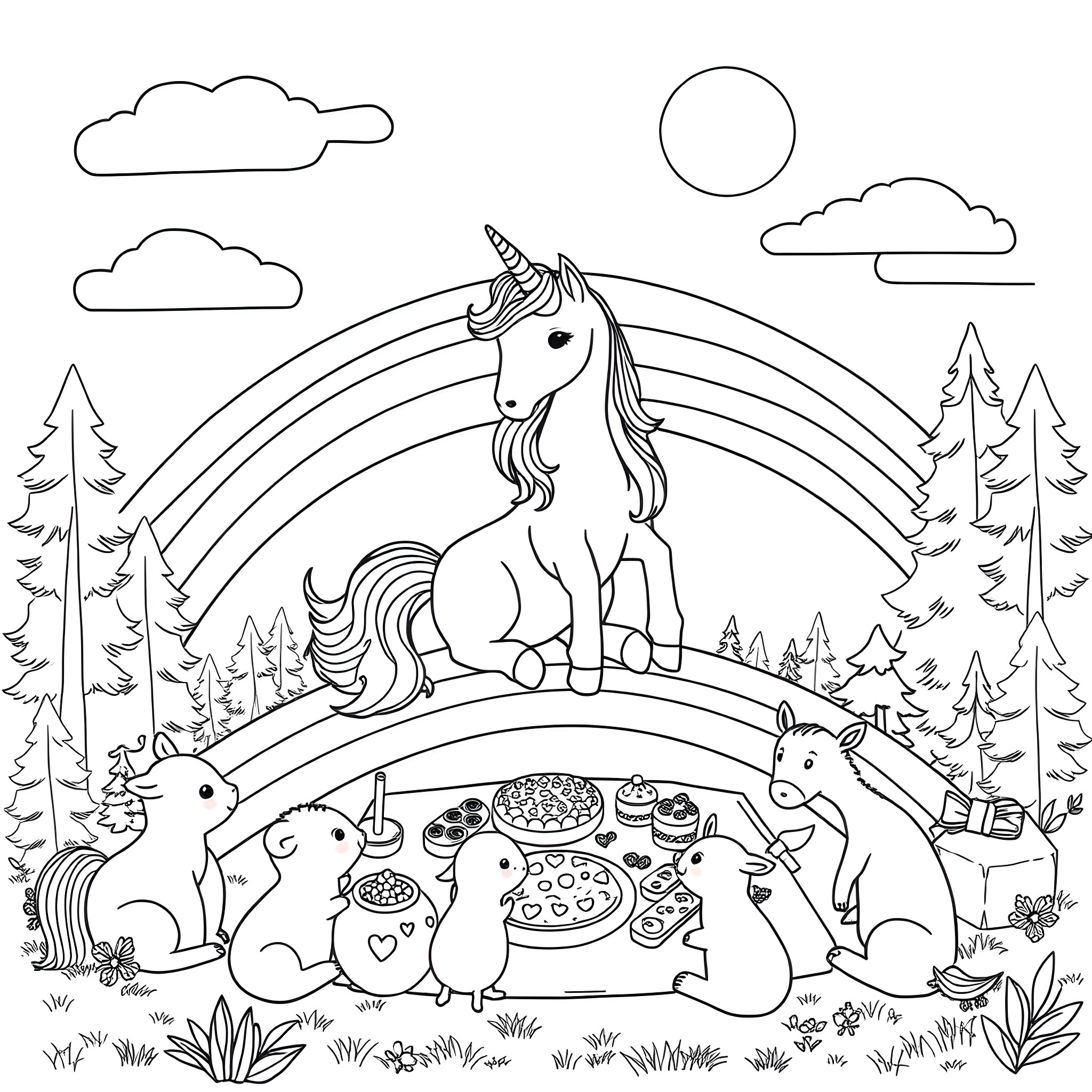 Unicorns frolicking in a magical forest landscape Coloring Page (free black-and-white line drawing printable PDF for all, from beginners to advanced learners, including children, teens, adults, and seniors)