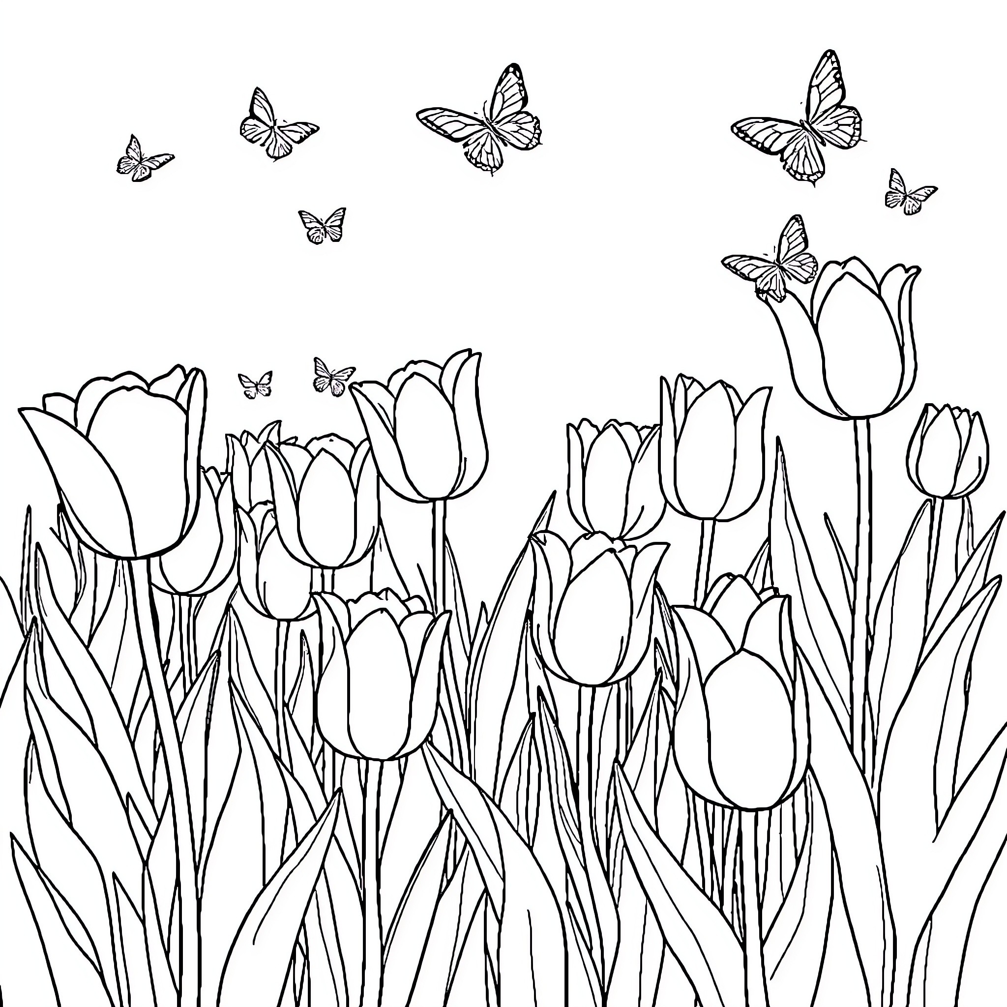 Tulip field with fluttering butterflies Coloring Page (free black-and-white line drawing printable PDF for all, from beginners to advanced learners, including children, teens, adults, and seniors)