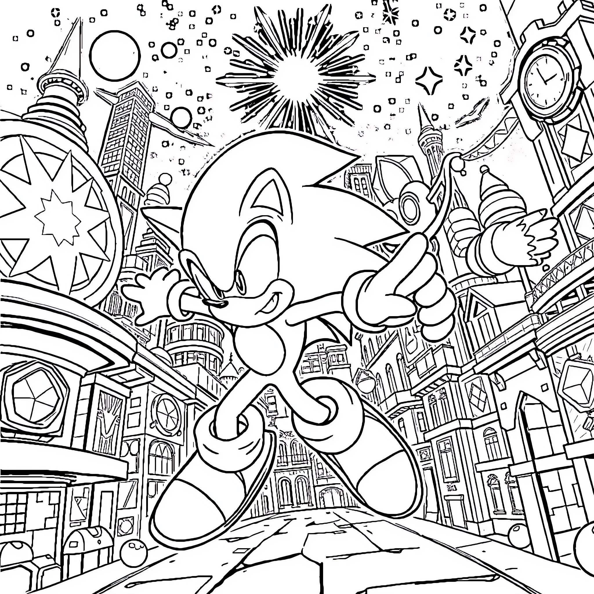Sonic's Energetic Adventure in the City Coloring Page (free black-and-white line drawing printable PDF for all, from beginners to advanced learners, including children, teens, adults, and seniors)