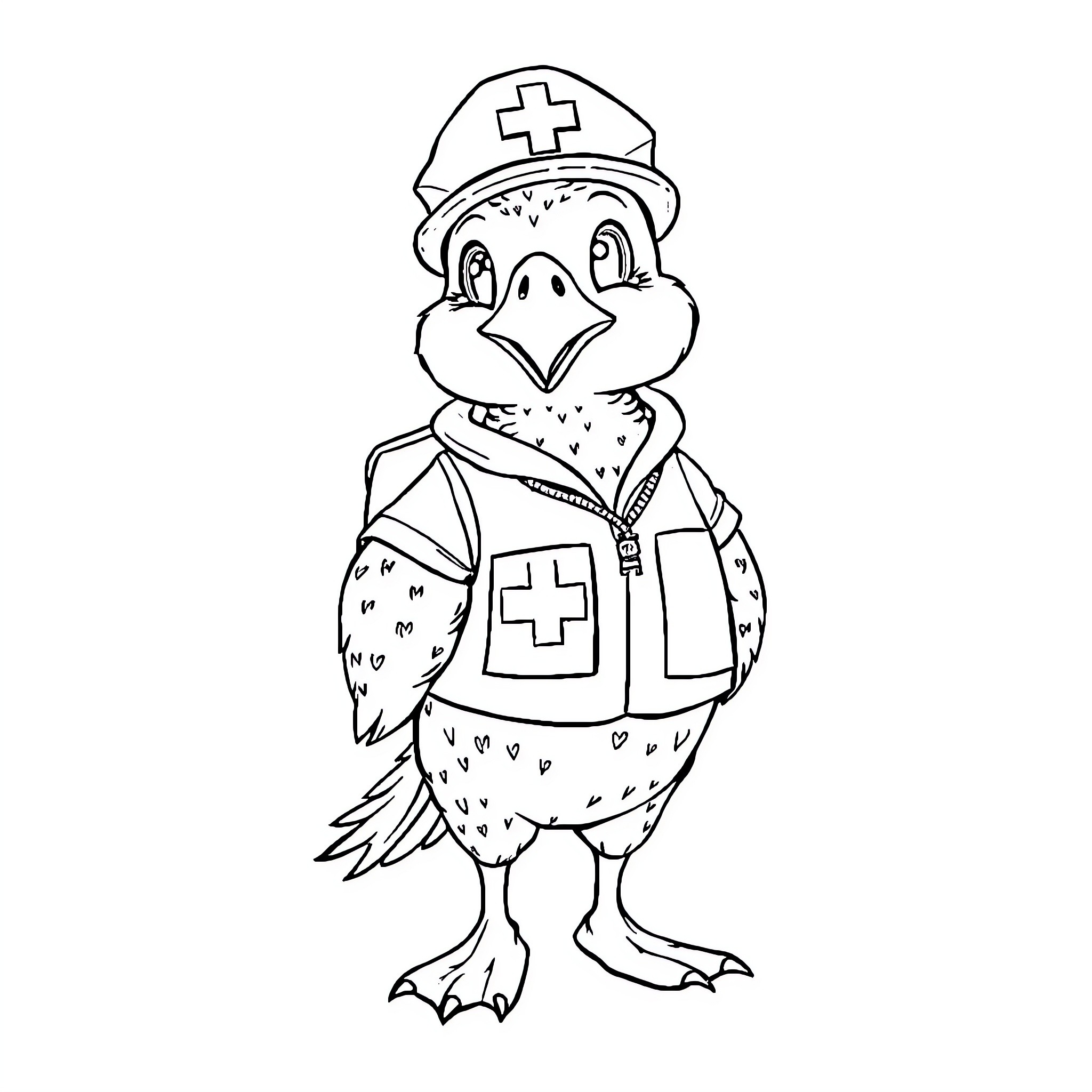Duck dressed as a nurse Coloring Page (free black-and-white line drawing printable PDF for all, from beginners to advanced learners, including children, teens, adults, and seniors)