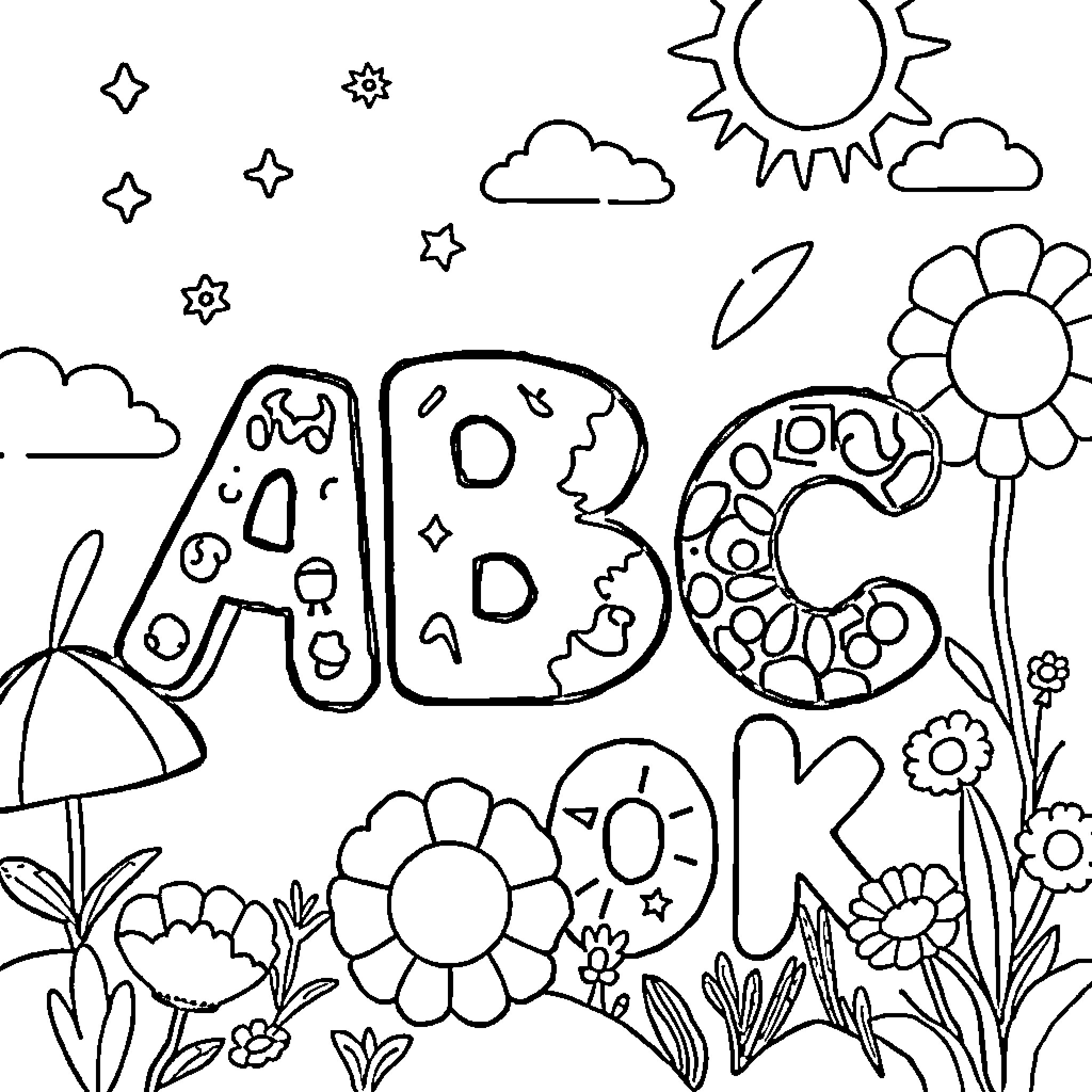 ABC Colorful Nature Elements and Playful Text Coloring Page (free black-and-white line drawing printable PDF for all, from beginners to advanced learners, including children, teens, adults, and seniors)