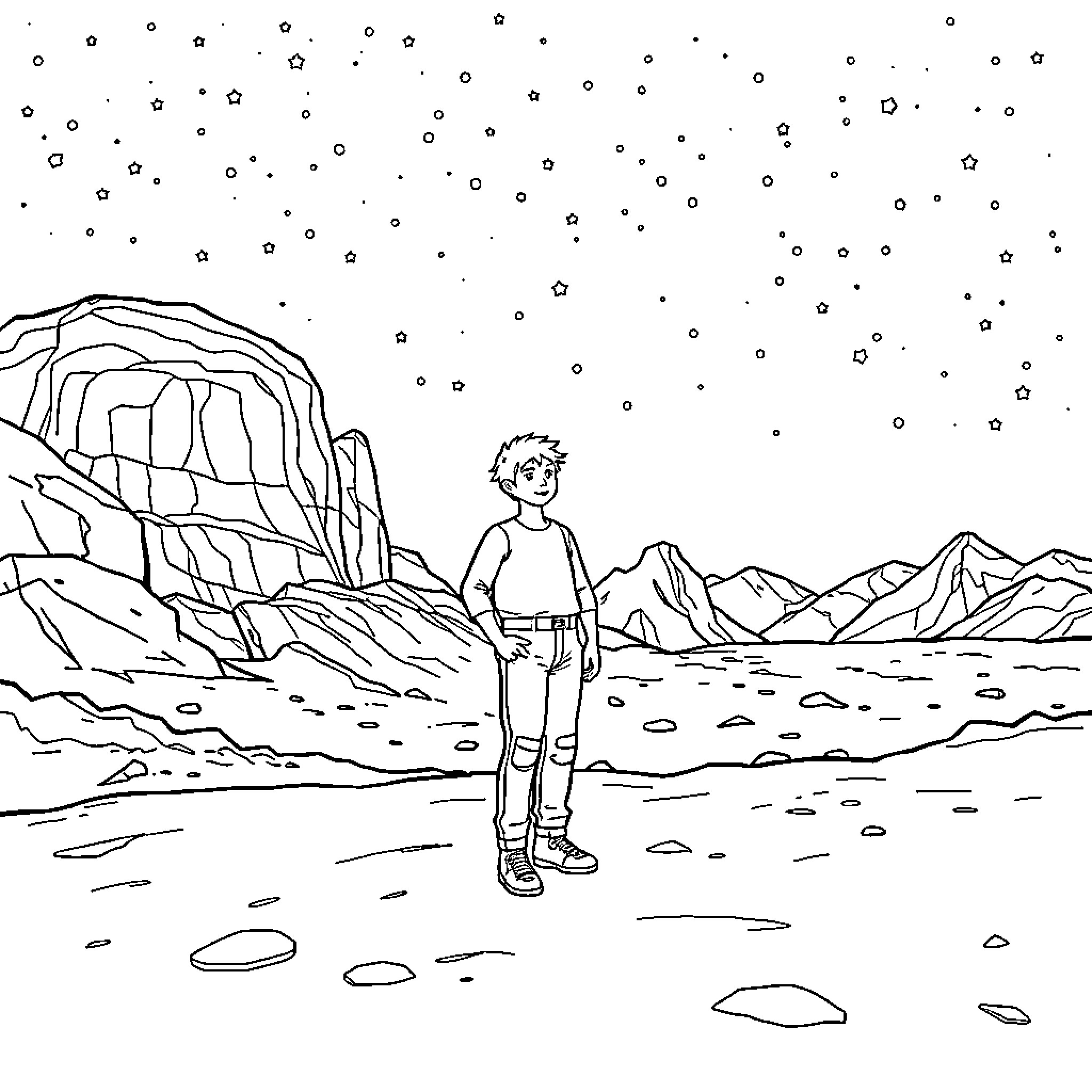 Jul standing in starry desert landscape Coloring Page (free black-and-white line drawing printable PDF for all, from beginners to advanced learners, including children, teens, adults, and seniors)