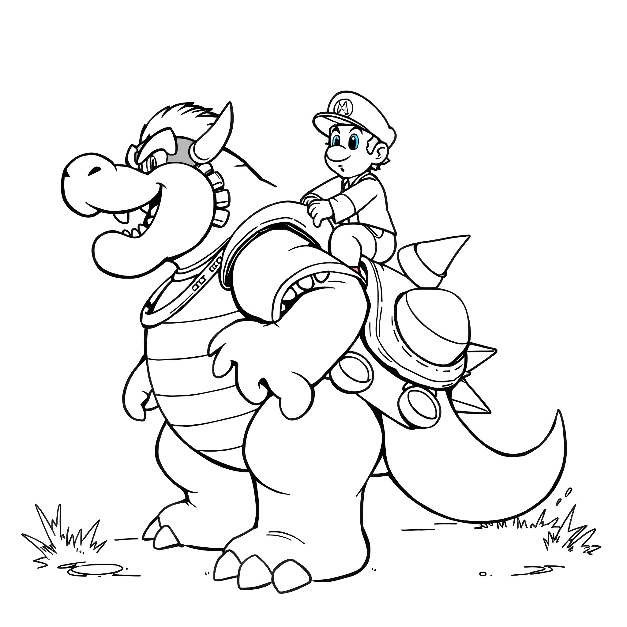 Bowser Riding with Mischievous Mario Coloring Page (free black-and-white line drawing printable PDF for all, from beginners to advanced learners, including children, teens, adults, and seniors)