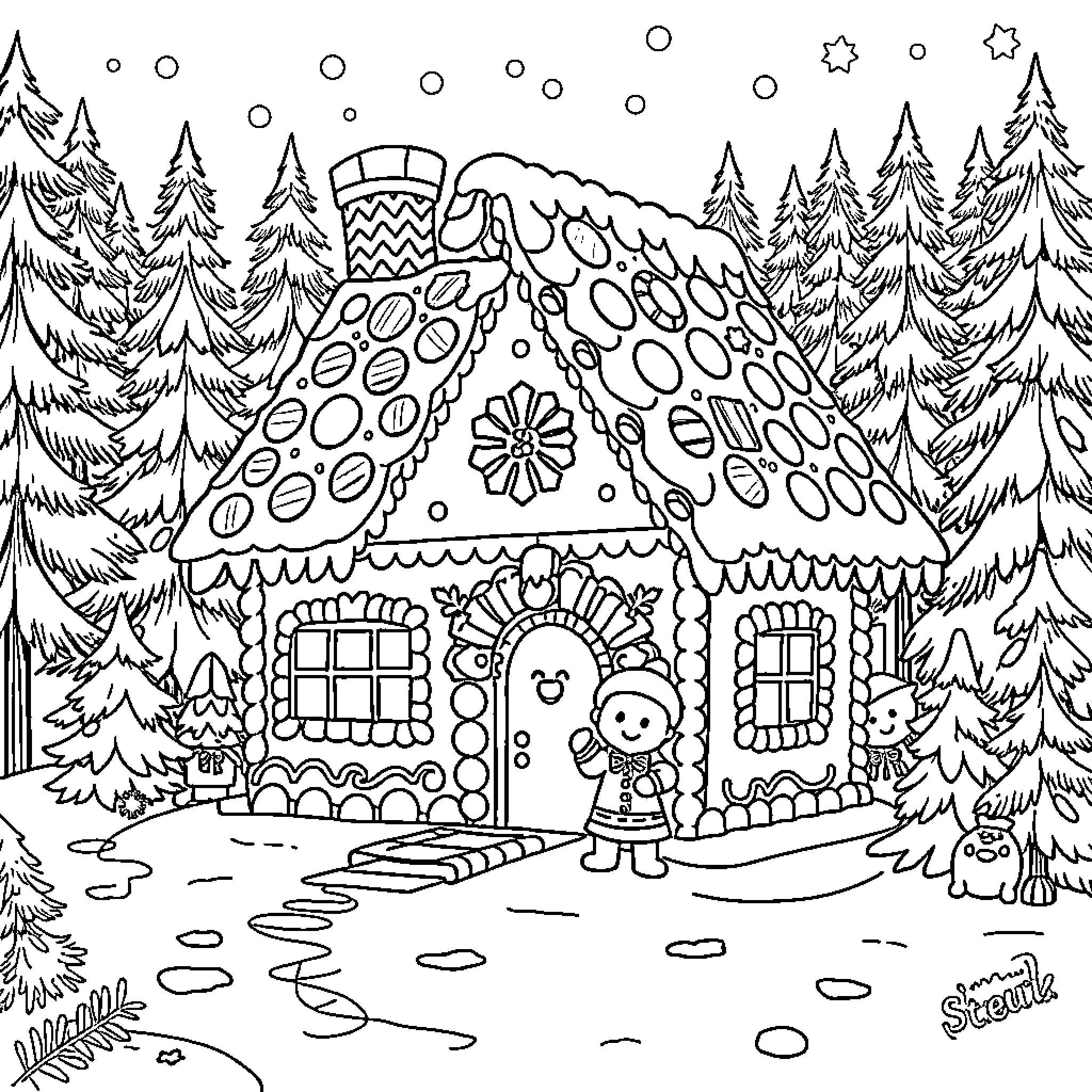 Gingerbread House with Decorative Elements in Snowy Forest Coloring Page (free black-and-white line drawing printable PDF for all, from beginners to advanced learners, including children, teens, adults, and seniors)