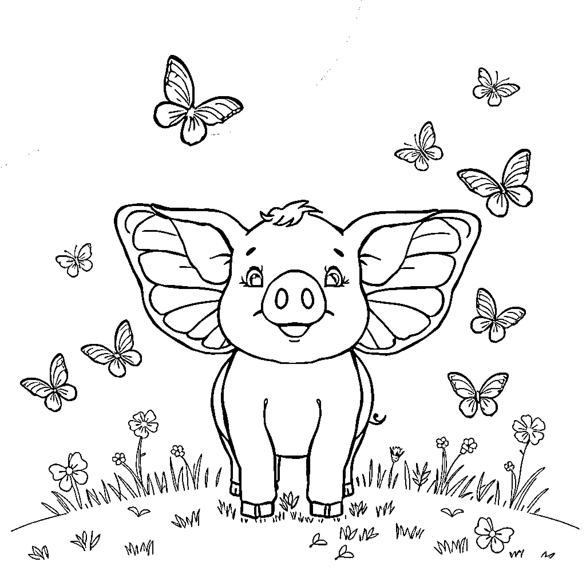 Pig with butterfly wings in a flowery field Coloring Page (free black-and-white line drawing printable PDF for all, from beginners to advanced learners, including children, teens, adults, and seniors)