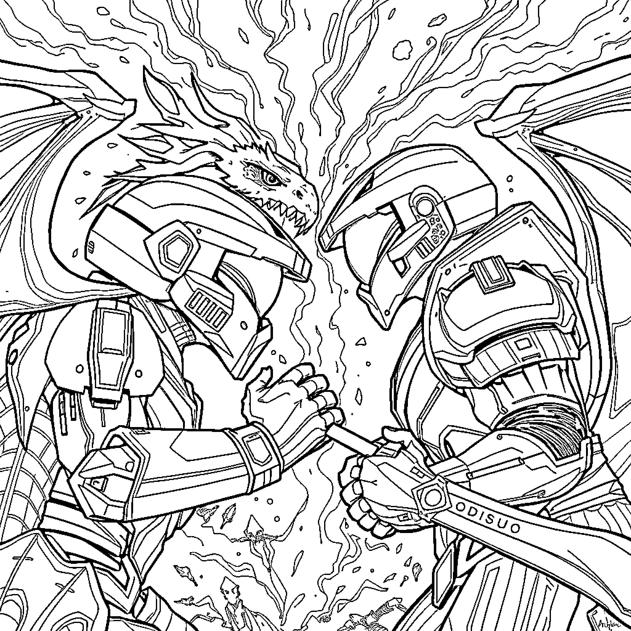 Halo - Epic Robotic Clash of Titans Coloring Page (free black-and-white line drawing printable PDF for all, from beginners to advanced learners, including children, teens, adults, and seniors)