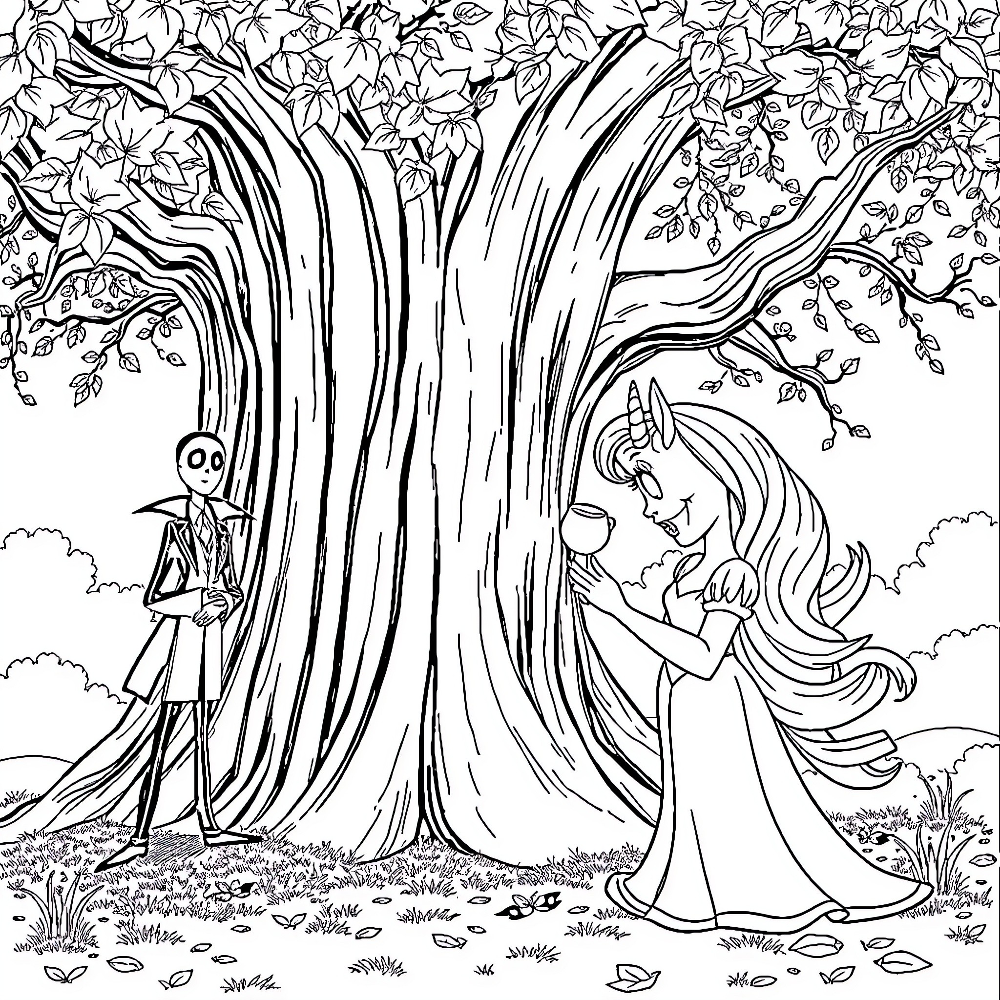 Princess in enchanted forest with friendly creature Coloring Page (free black-and-white line drawing printable PDF for all, from beginners to advanced learners, including children, teens, adults, and seniors)