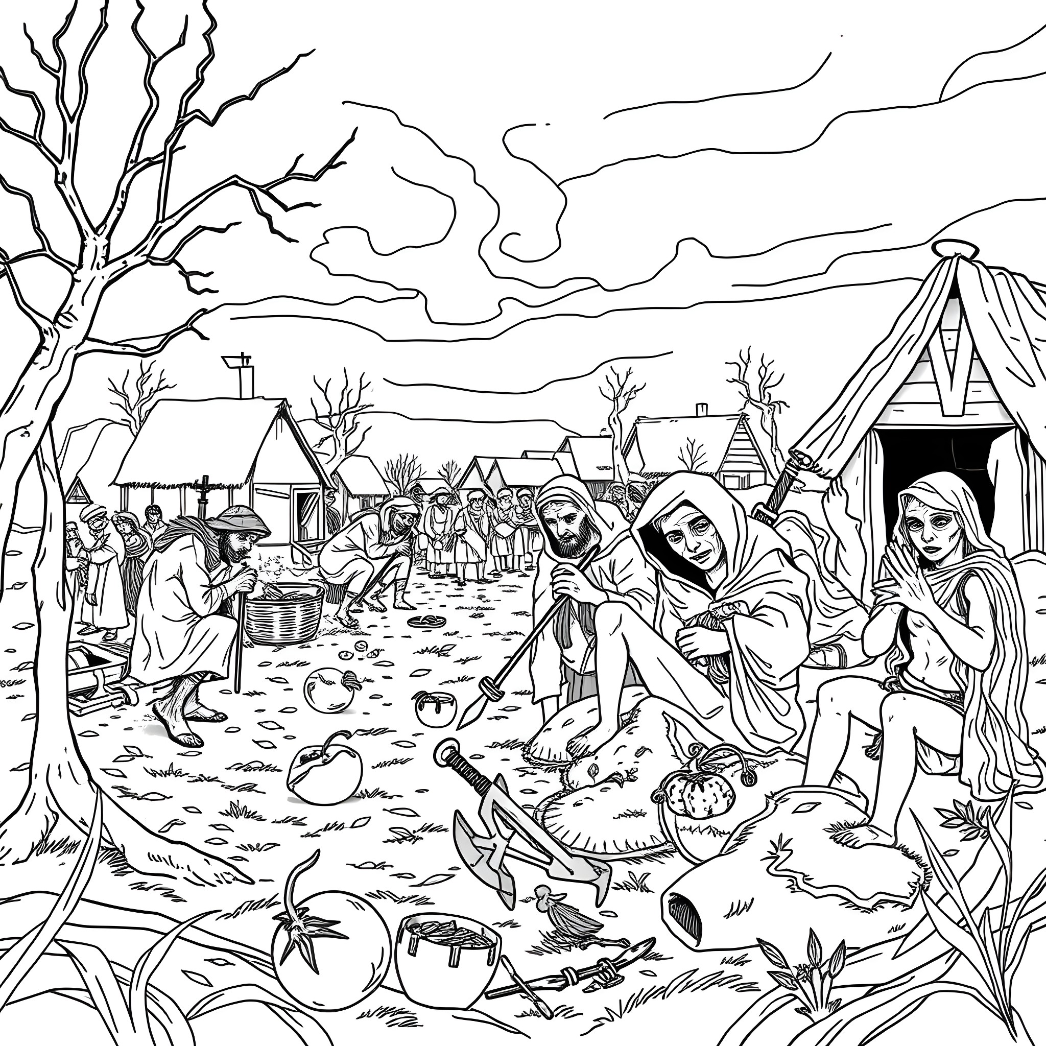 Jamestown Settlement: Everyday Life in the Colonial Era Coloring Page (free black-and-white line drawing printable PDF for all, from beginners to advanced learners, including children, teens, adults, and seniors)