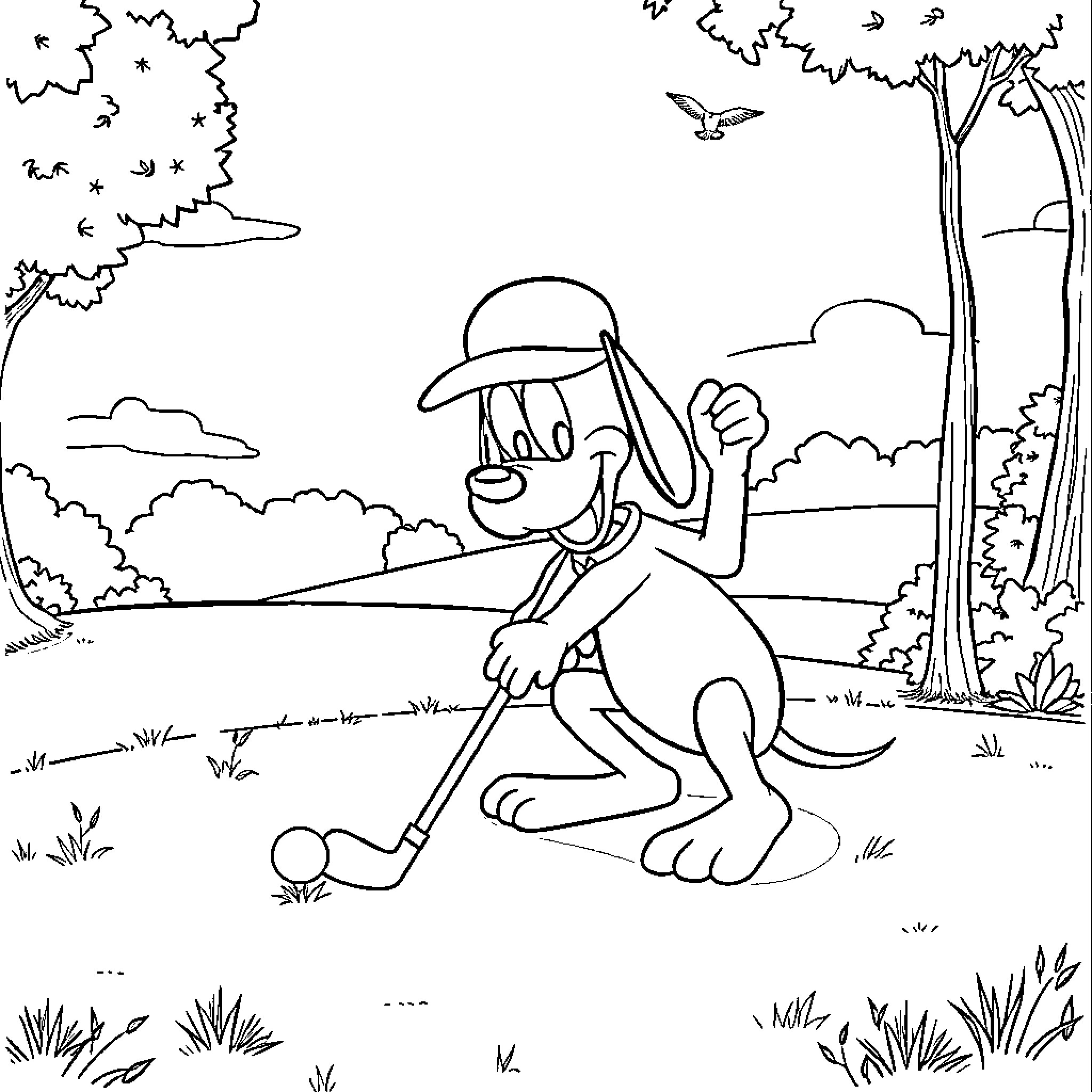 Pluto exploring the outdoors with a hiking stick Coloring Page (free black-and-white line drawing printable PDF for all, from beginners to advanced learners, including children, teens, adults, and seniors)