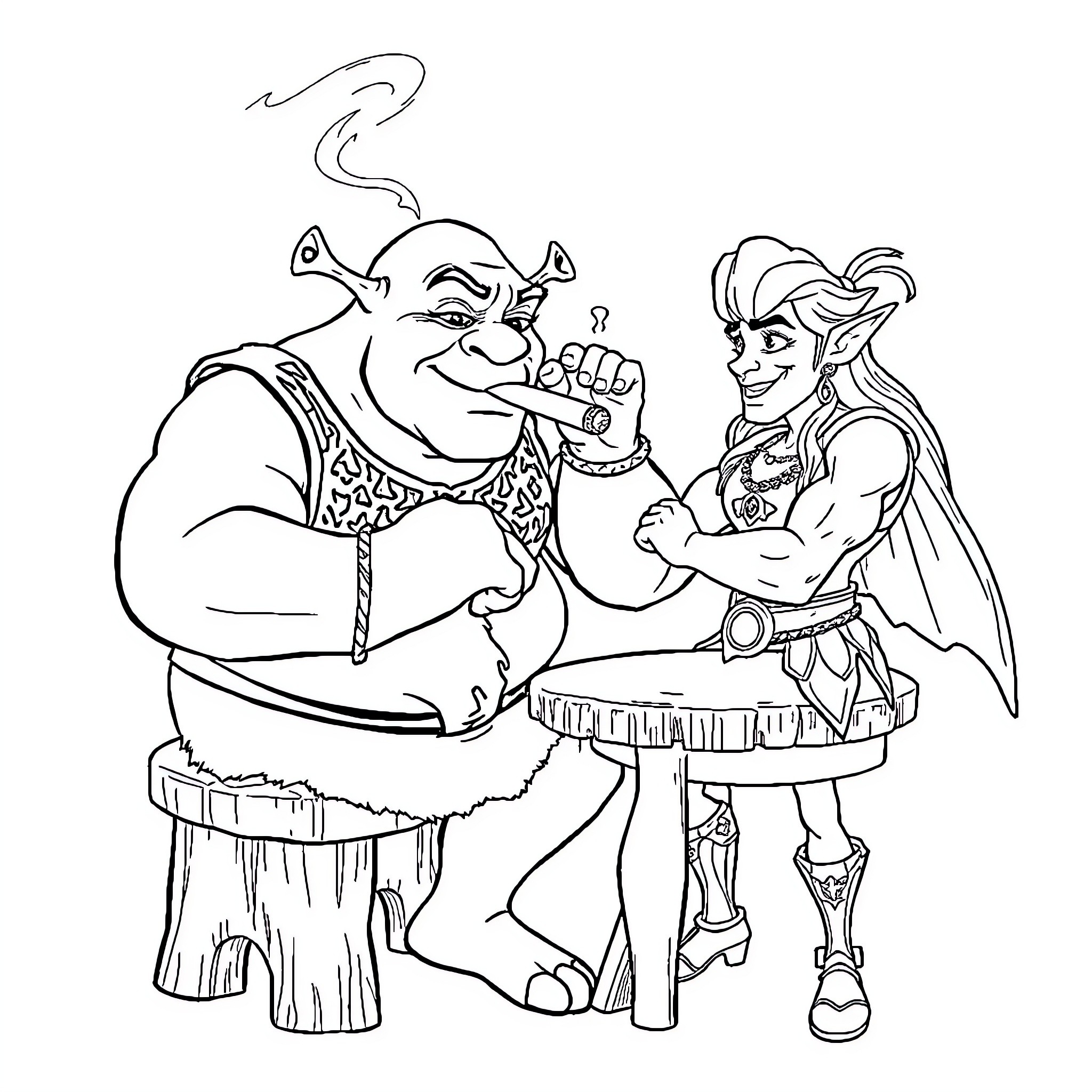 Shrek and Fiona having a joyful moment Coloring Page (free black-and-white line drawing printable PDF for all, from beginners to advanced learners, including children, teens, adults, and seniors)