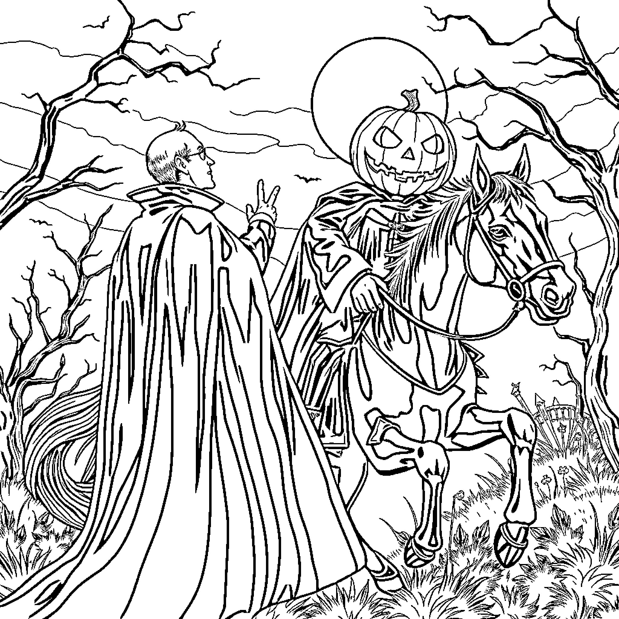 Voldemort's Eerie Encounter with the Pumpkin Rider Coloring Page (free black-and-white line drawing printable PDF for all, from beginners to advanced learners, including children, teens, adults, and seniors)