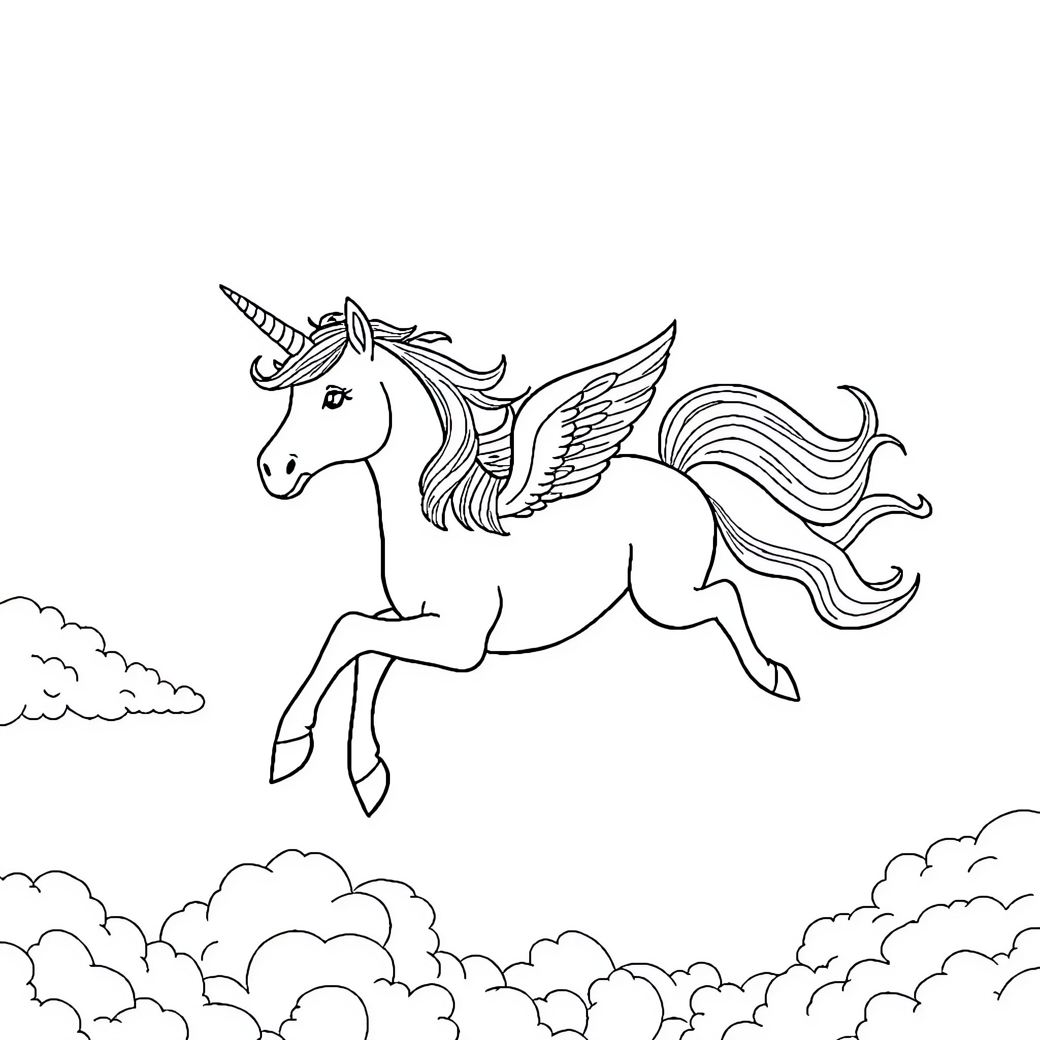 Unicorn soaring through the clouds Coloring Page (free black-and-white line drawing printable PDF for all, from beginners to advanced learners, including children, teens, adults, and seniors)