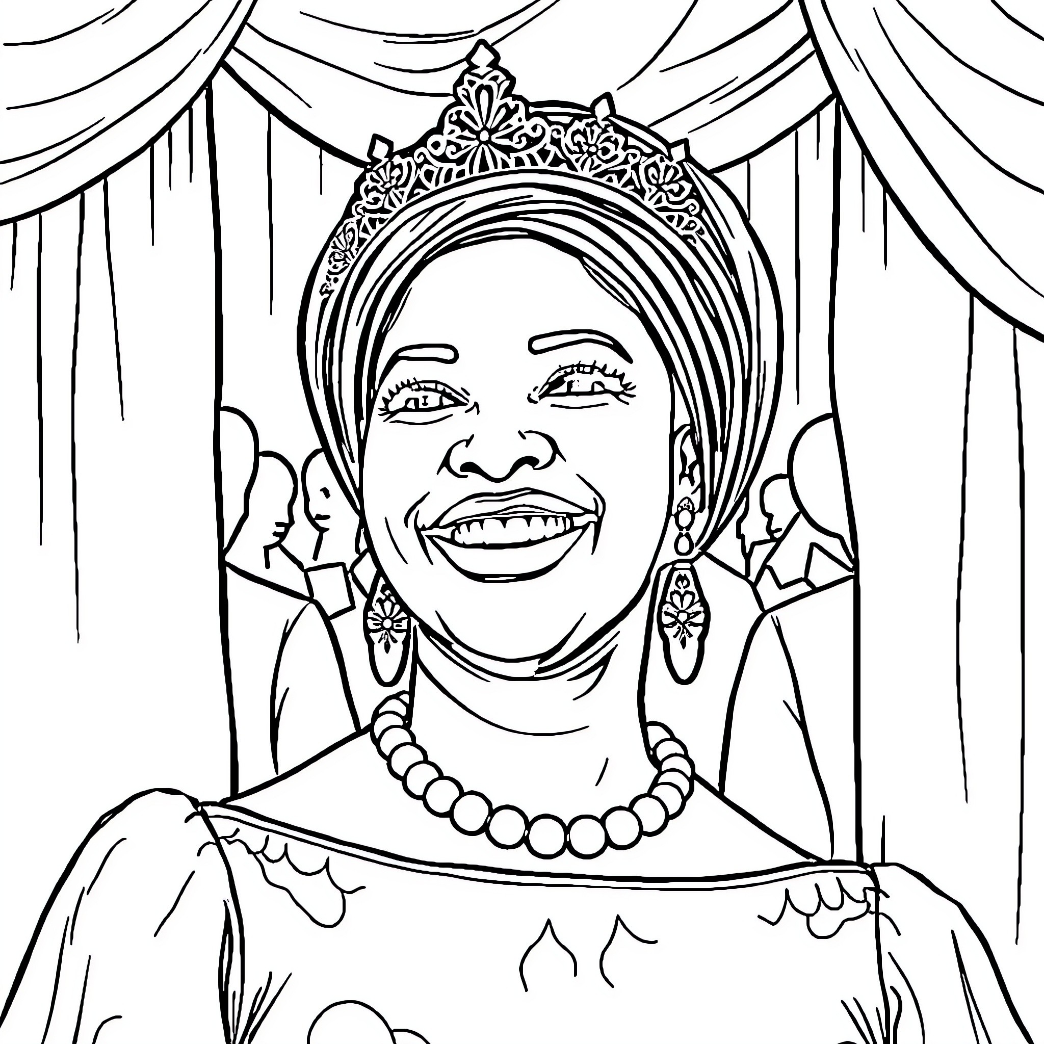 Queen Latifah's Joyful Theatrical Appearance Coloring Page (free black-and-white line drawing printable PDF for all, from beginners to advanced learners, including children, teens, adults, and seniors)
